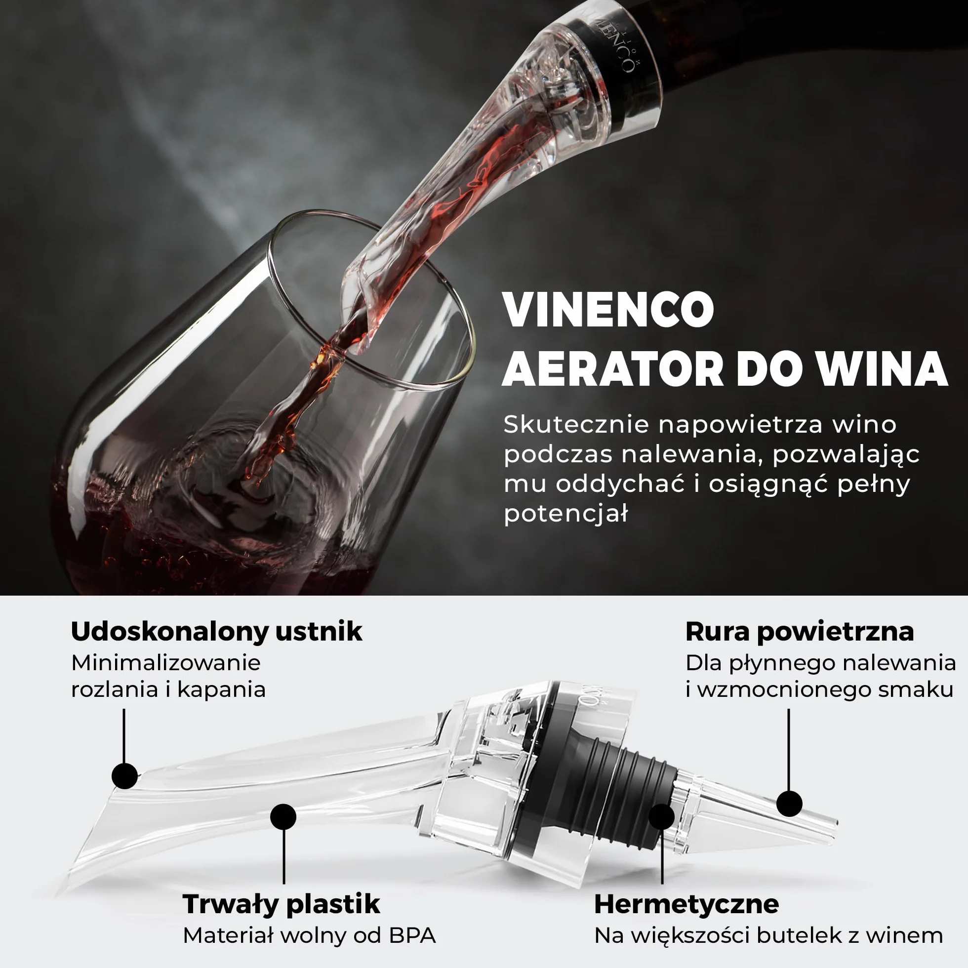 Karafka Z Napowietrzaczem - Niekapiący Nalewak Do Wina, Przez Kieliszek | Do Wina Czerwonego, Do Butelek - Prezent Kobieta Mężczyzna Urodziny Somellier Białe Różowe Słodkie Wytrawne Niekapiąca