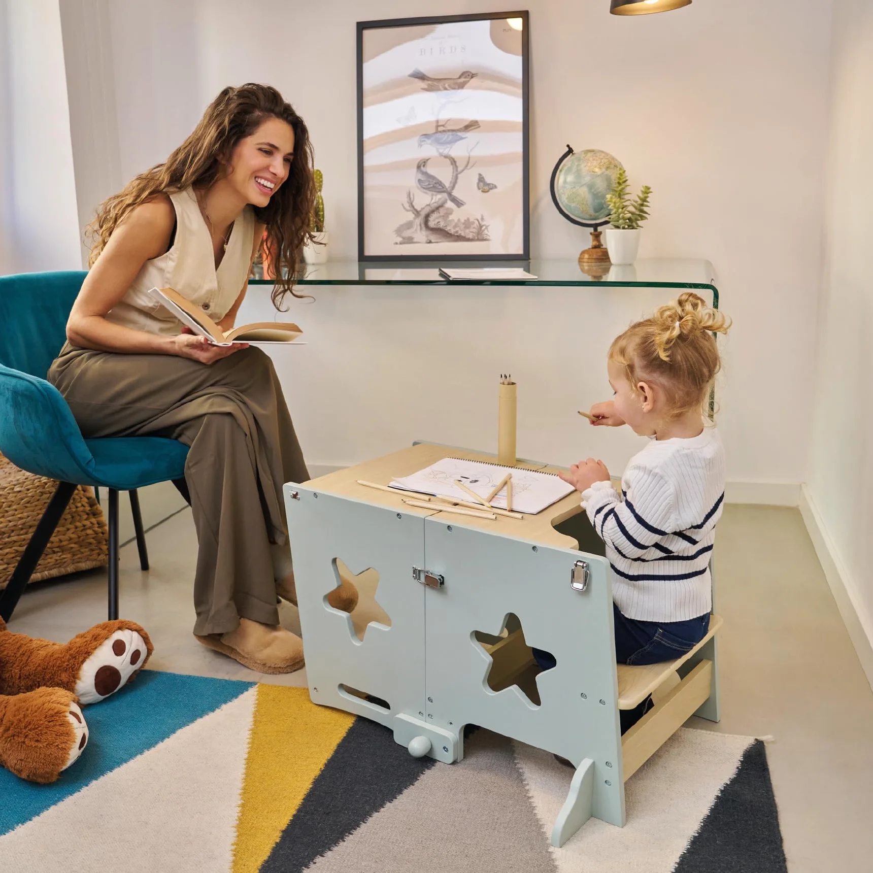 BabyWorld Learn Up wieża edukacyjna Montessori z litego drewna składana z drążkiem bezpieczeństwa