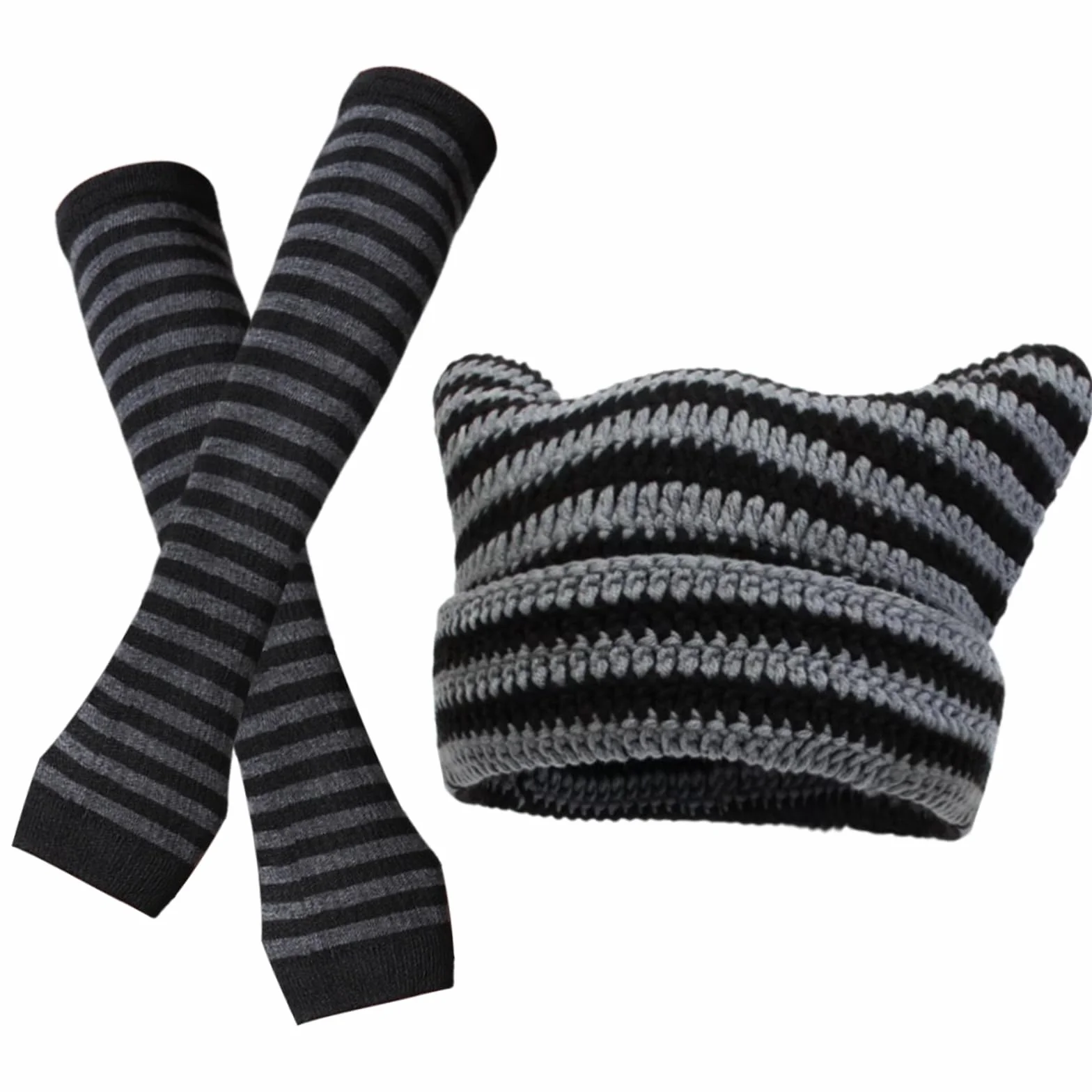 Damska czapka z kocimi uszami, y2k Beanie Striped Crochet Slouchy Hat z długimi mankietami w paski, dla kobiet, zimowa, ciepła