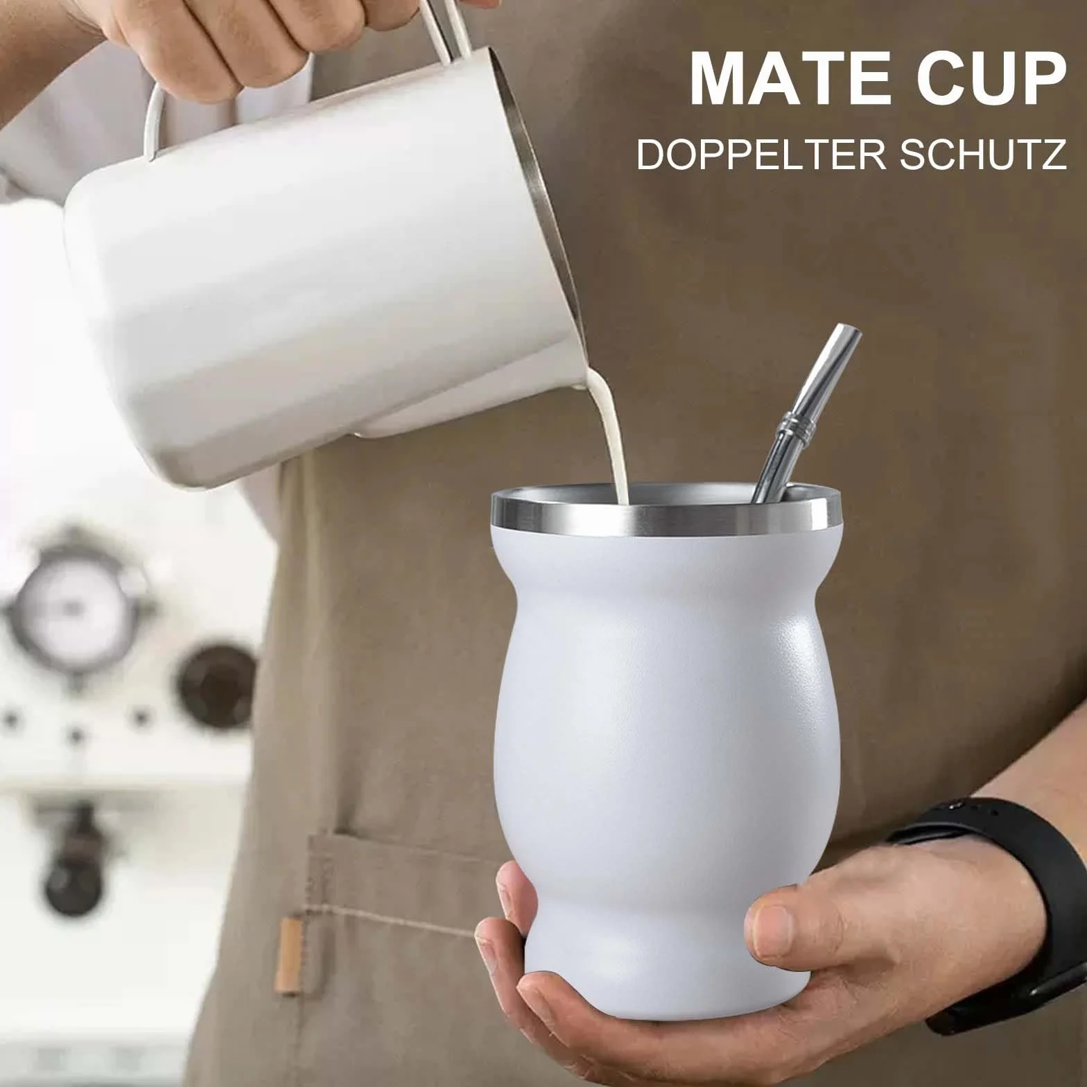 Zestaw kubków Yerba Mate ze stali nierdzewnej z łyżeczką i szczotką, biały