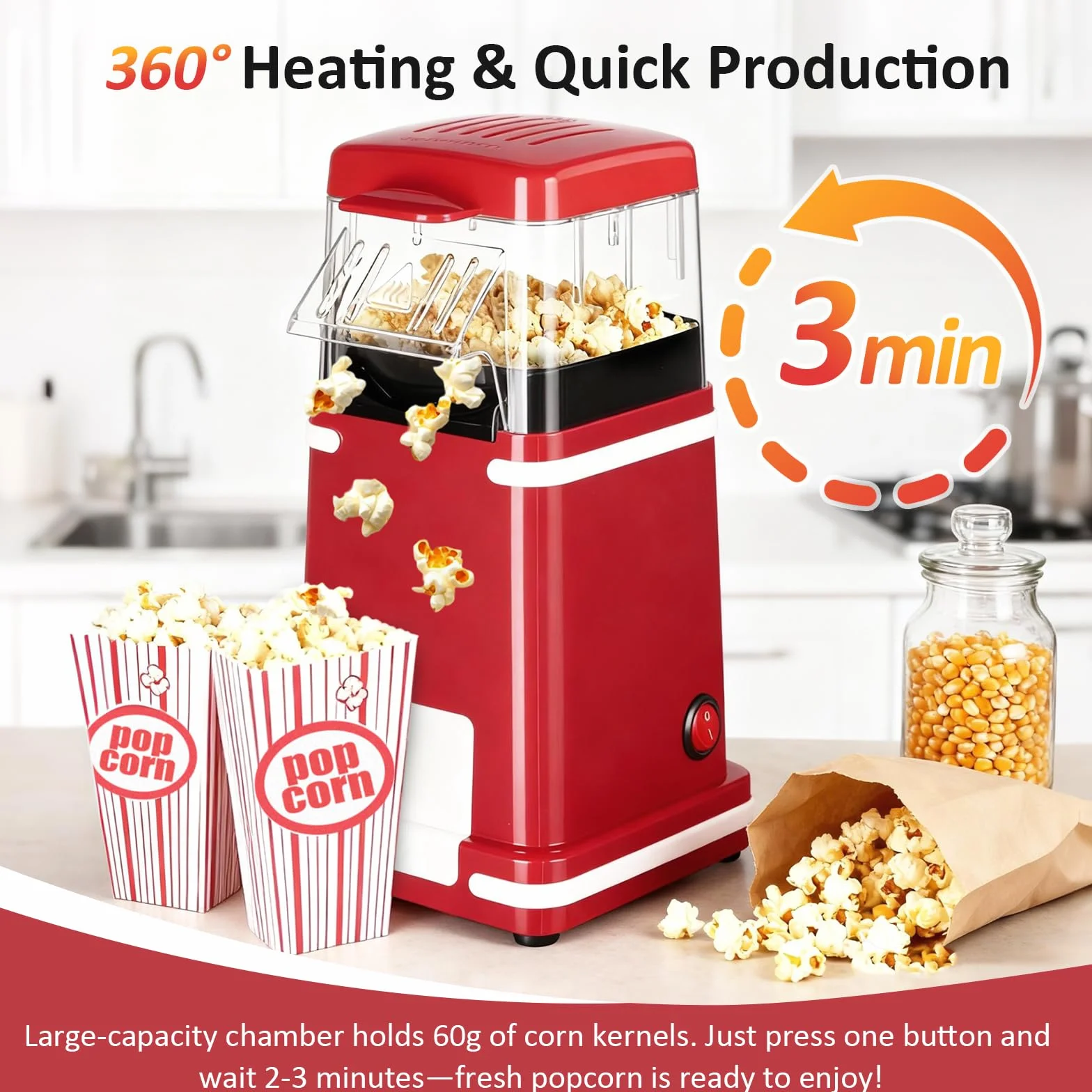 VINATO Maszyna do popcornu, gorące powietrze, 1200 W, bezolejowa maszyna do popcornu, 1 przycisk, przygotowuje popcorn tylko przez 2 minuty, idealny do domu i podróży