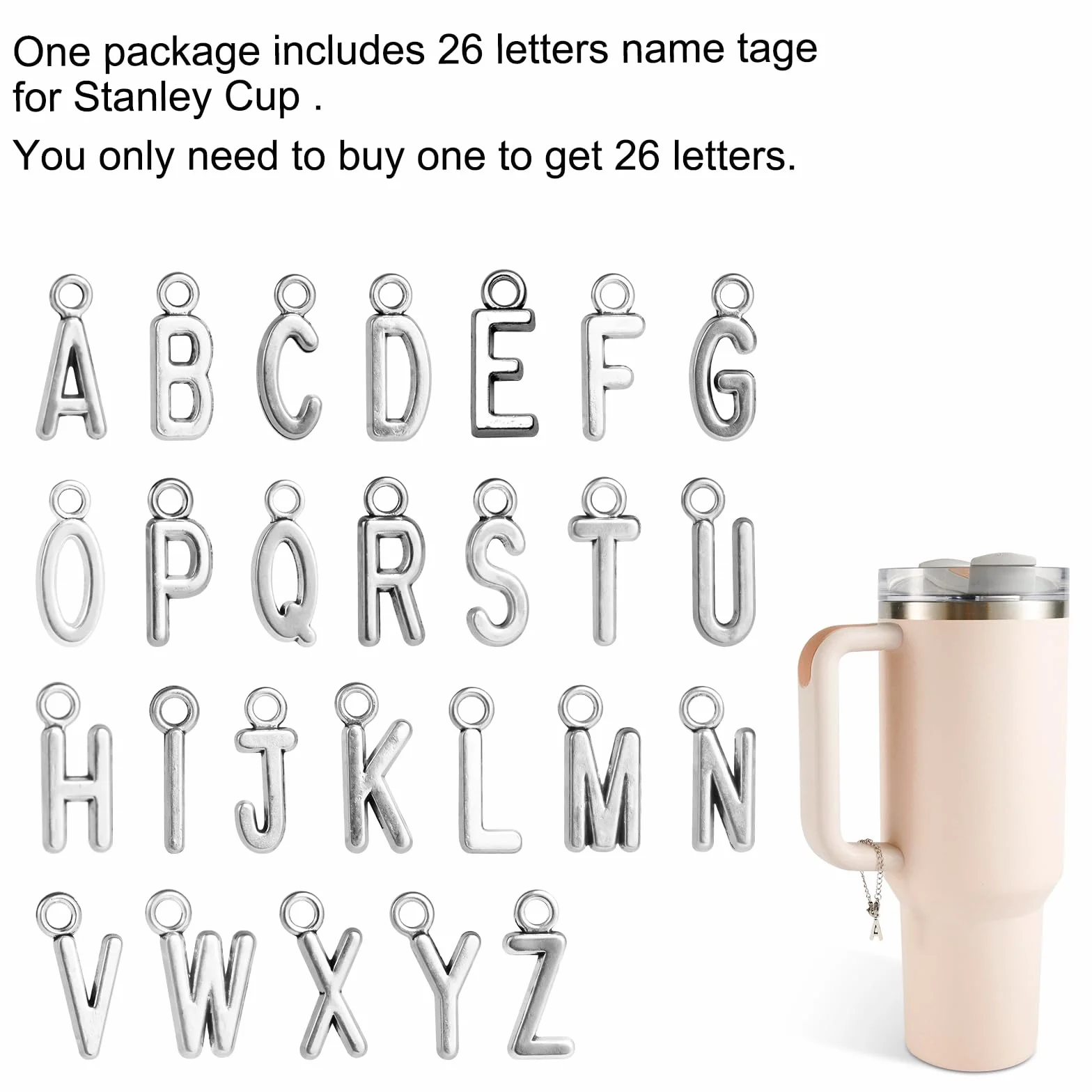 26szt. Zawieszki do Liter na Stanley Kubek, Stylowe Akcesoria Zawieszek na Listy z Imionami i Identyfikatorami (Srebrne)