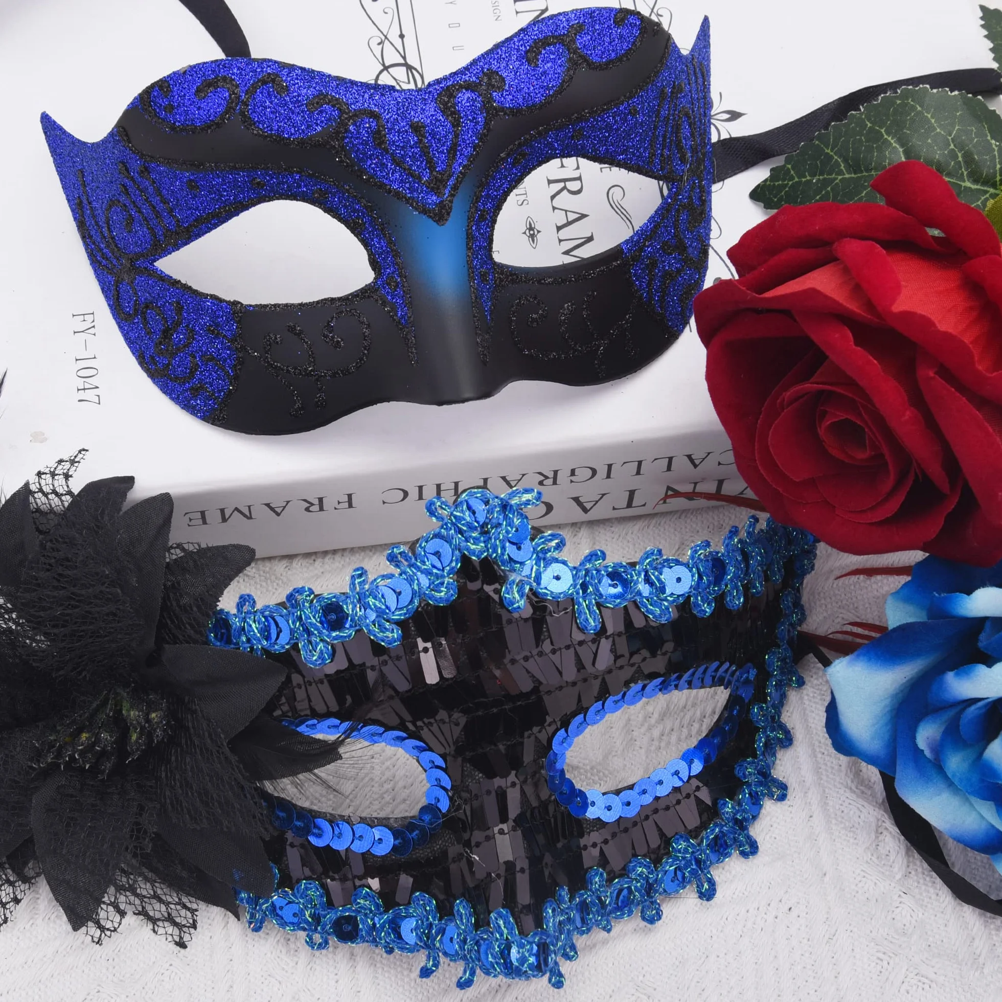 SIQUK 2 sztuki para maska wenecka maskarada maska maska maskaradowa maskaradowa maskaradowa dla kobiet, mężczyzn, oczu, na Halloween maskaradę, czarna i niebieska