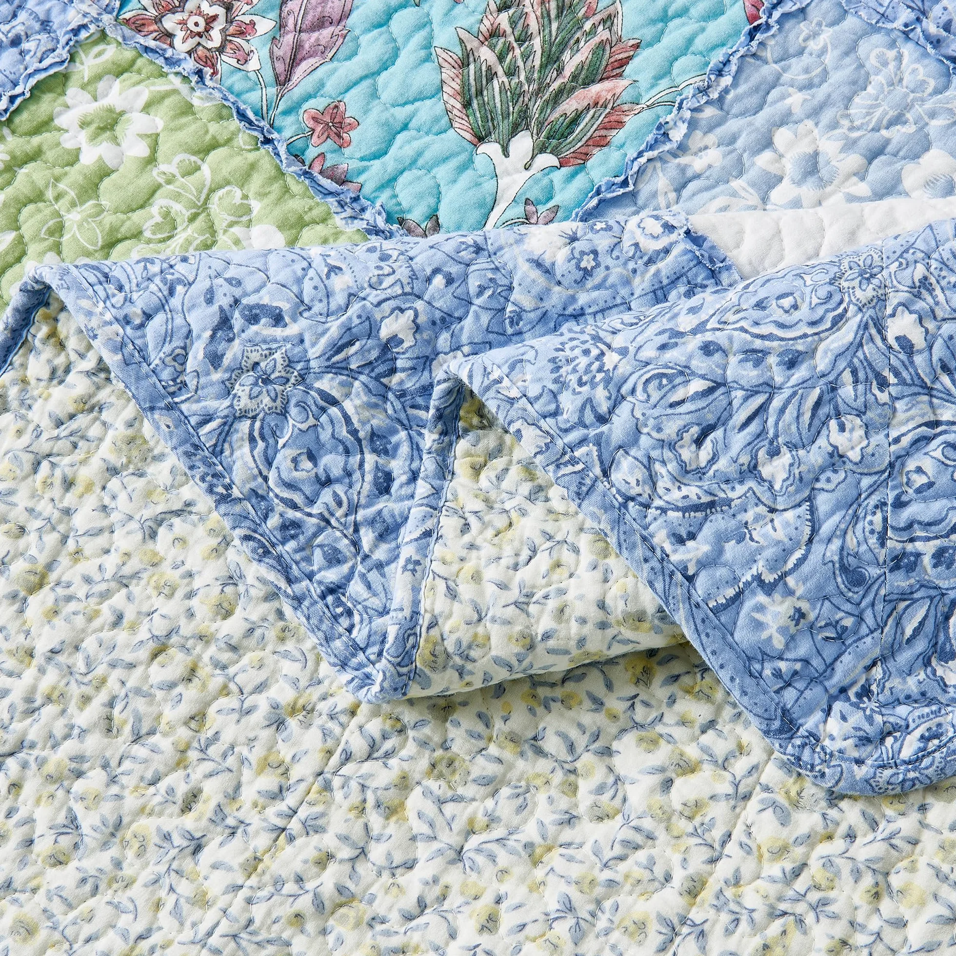 Cozyholy Oryginalna 100% Bawełniana Patchworkowa Kołdra Podwójna Niebieska Paisley Kwiatowa Narzuta Dwustronna Vintage Shabby Chic Pikowana na Kanapę Sofę