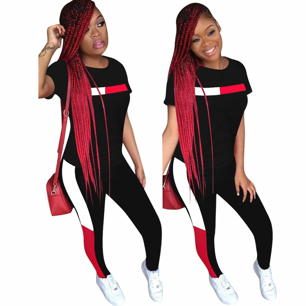 Kombinezon damski na lato moda dwuczęściowa koszulka + ubrania 7/8 fitness sport jogging spodnie joga casual basic, Czarny, L