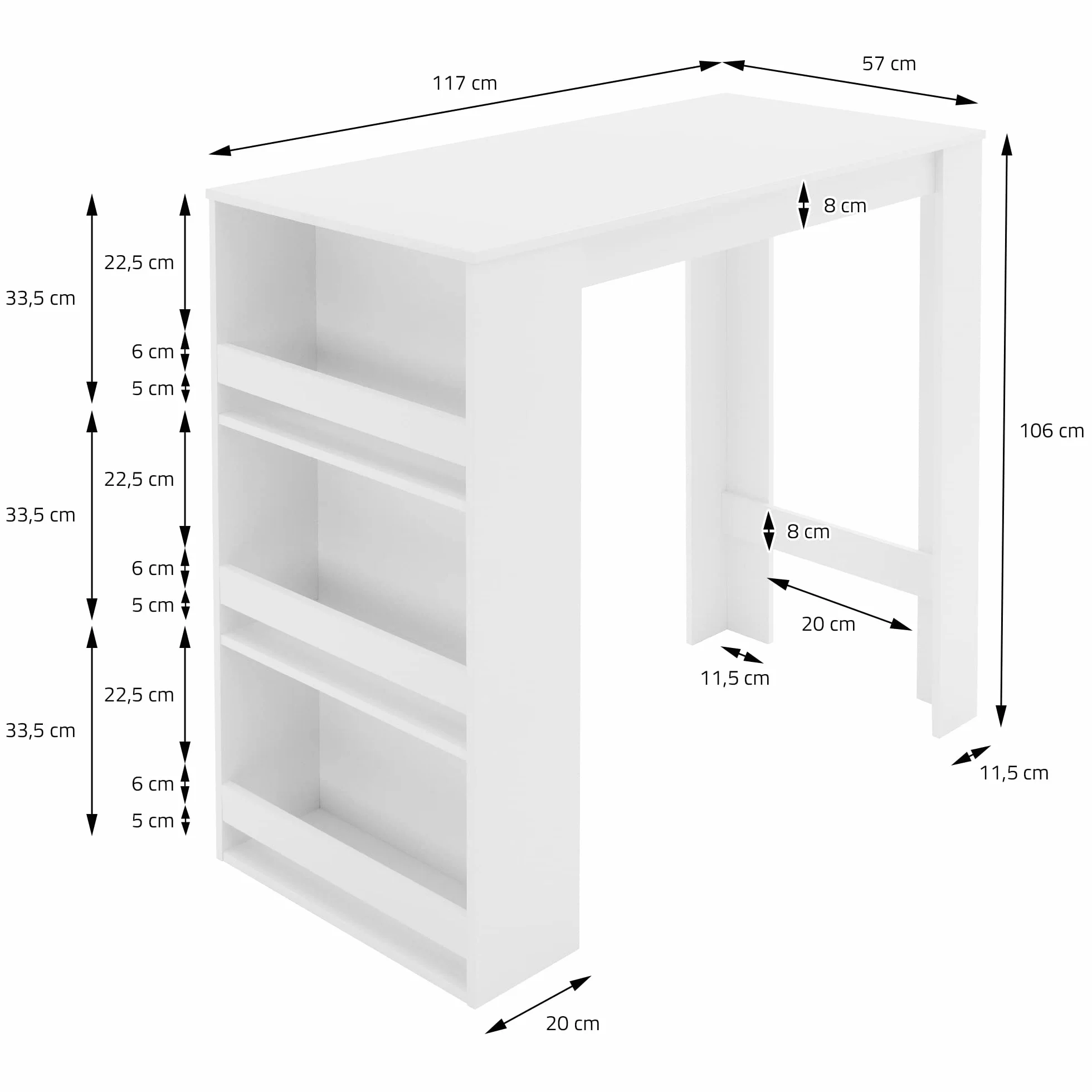 Stolik barowy ML-Design z 3 pólkami biały 117x106x57 cm nowoczesny