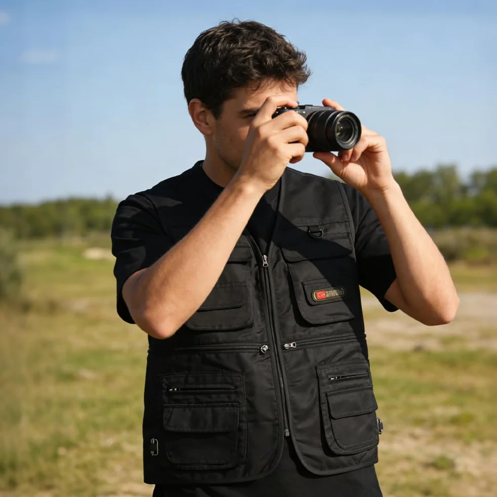 Męska kamizelka safari z wieloma praktycznymi kieszeniami, rozmiar męska kamizelka outdoorowa, letnia kamizelka, funkcjonalna kamizelka robocza do wędkowania, kamizelka outdoorowa, czarna