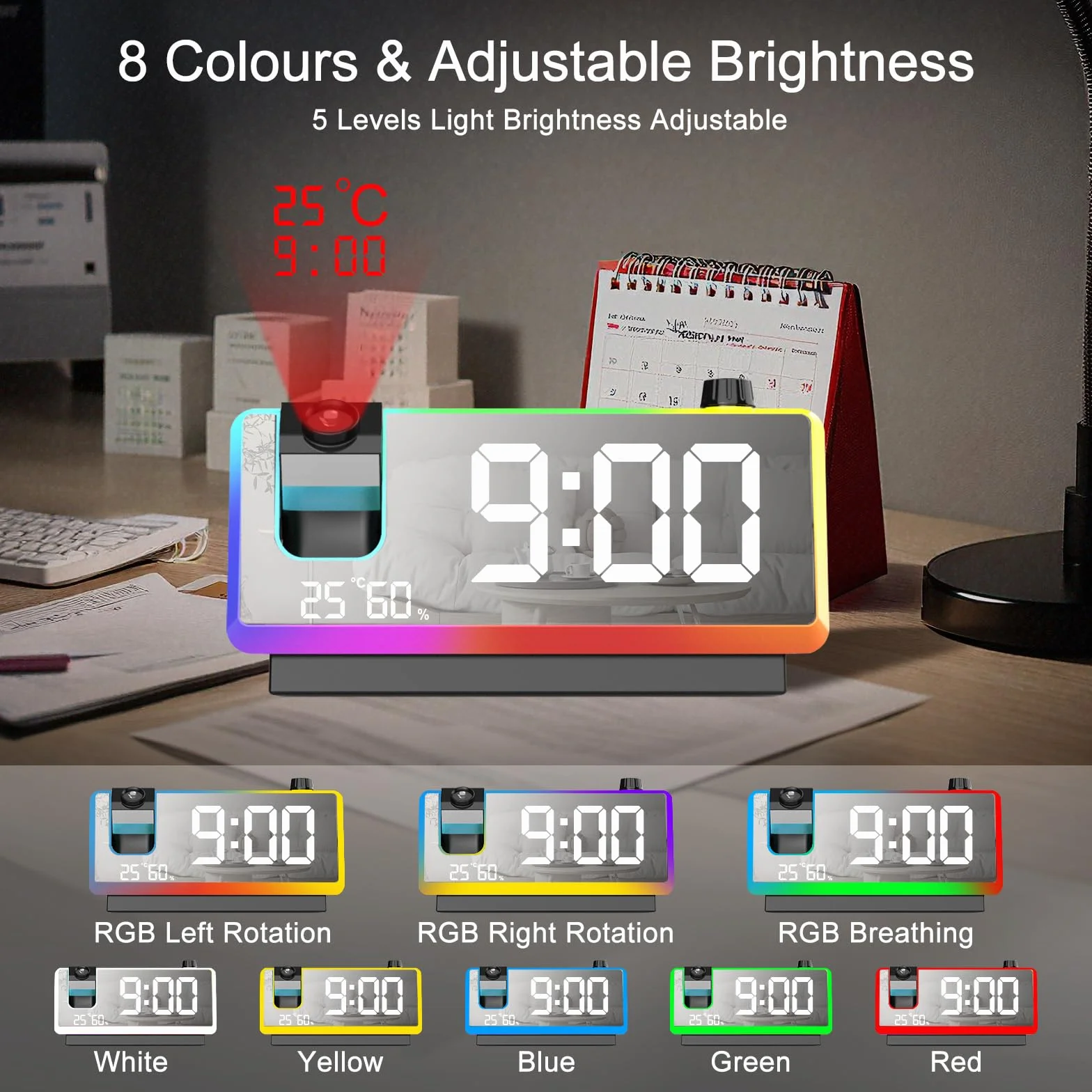 Cuteefun Budzik z projektorem, cyfrowy budzik z dużym wyświetlaczem LED 7", 8 trybów świecenia RGB, projektor 180°, 2 czasy budzenia, podwójne złącze USB, temperatura i wilgotność powietrza