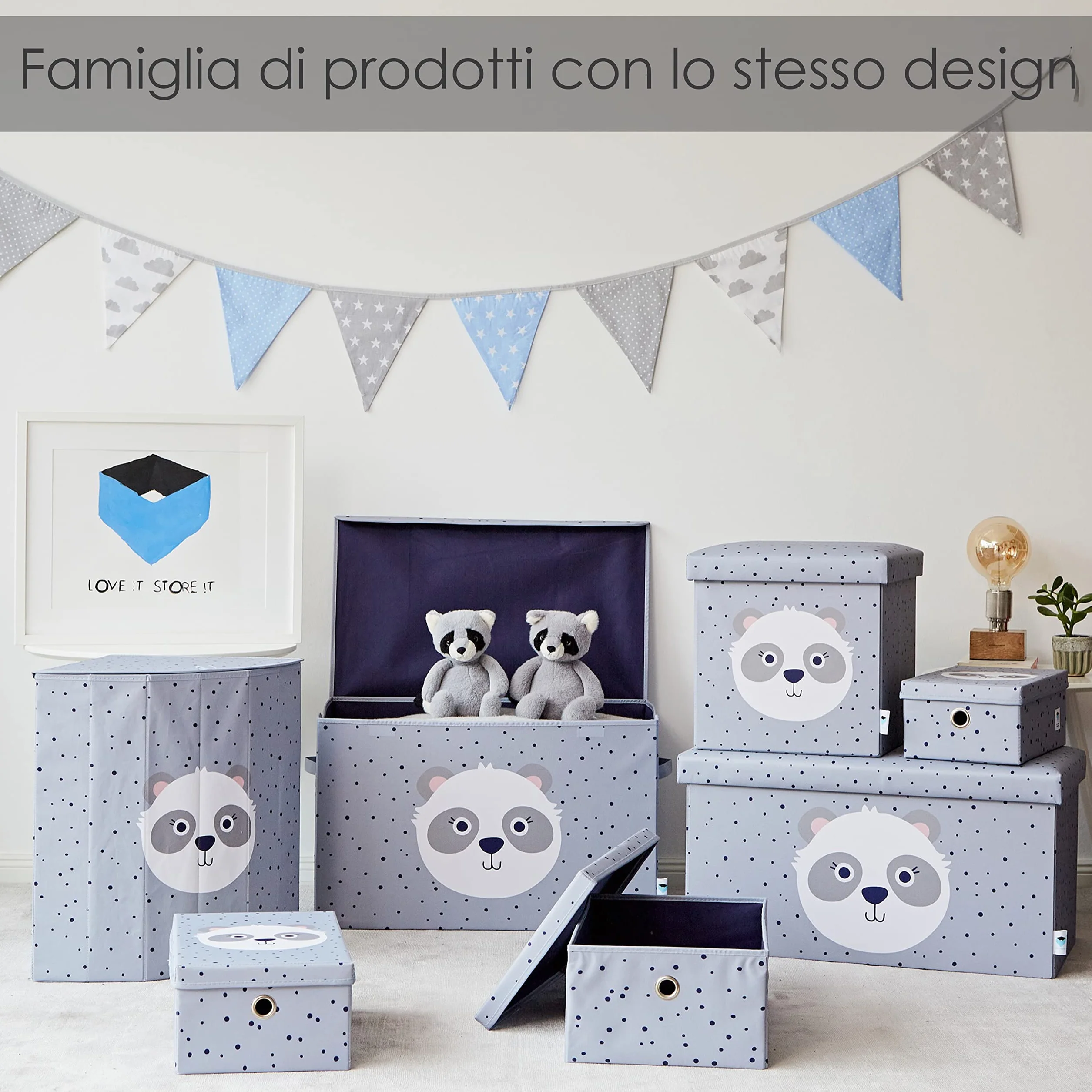 LOVE IT STORE IT Taboret do siedzenia z miejscem do przechowywania – skrzynia na zabawki z materiału – wzmocniona drewnem – obciążenie do 150 kg – szary z pandą – 35 x 35 x 35 cm