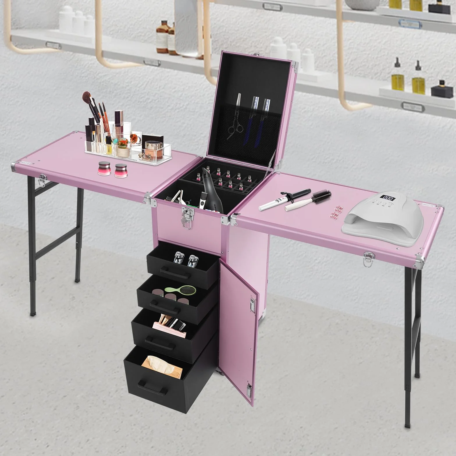 Stół do manicure, stolik do manicure, stół do manicure ze stopu aluminium, składany, mobilny kuferek na kosmetyki z 4 szufladami, przenośny stolik do studia paznokci, do 100 kg (różowy)