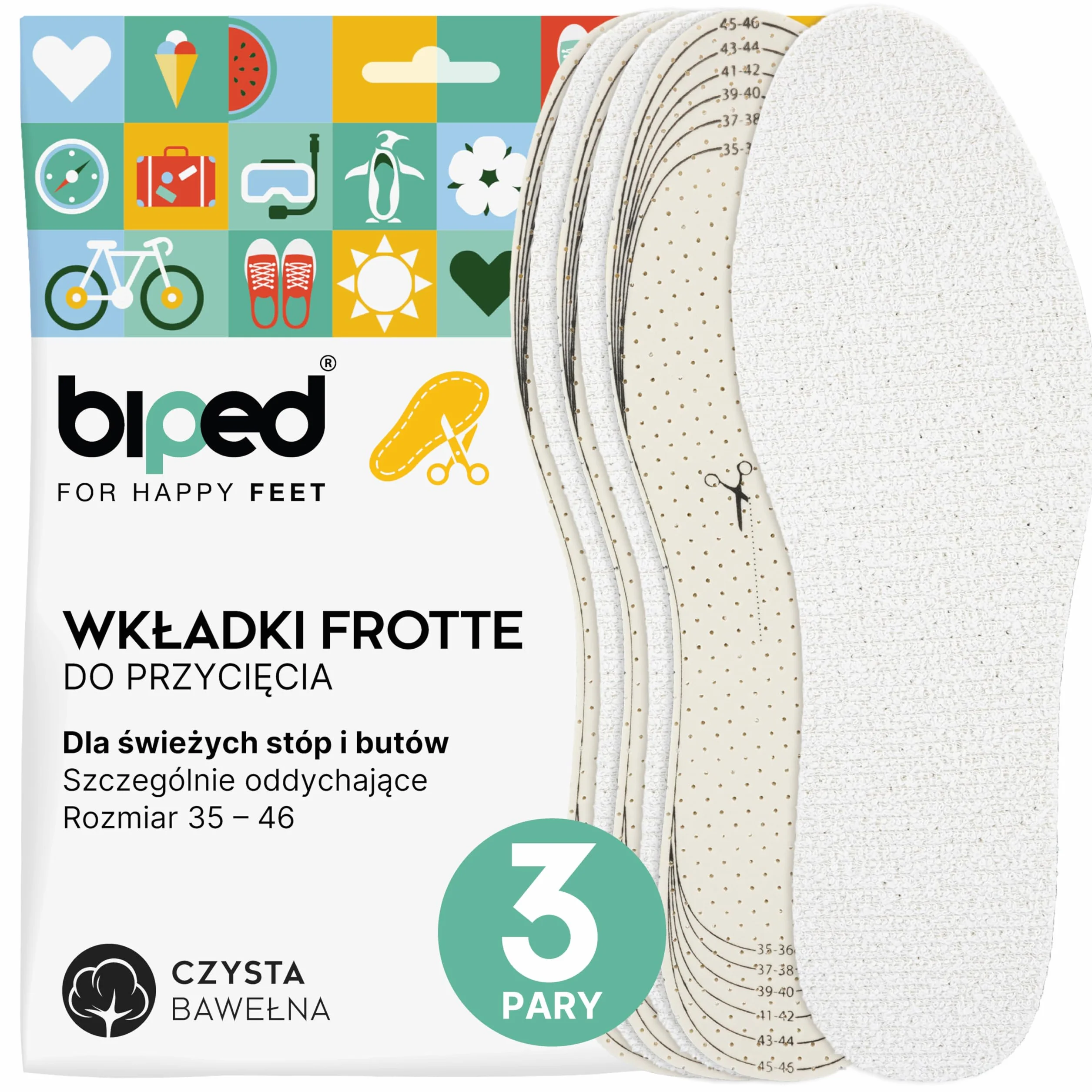 biped 3 pary wkładek do bosych stóp do przycięcia na wymiar - wkładki frotte ze 100% bawełny i miękką lateksową amortyzacją - wkładki przeciw nieprzyjemnemu zapachowi stóp i bakteriom z2028