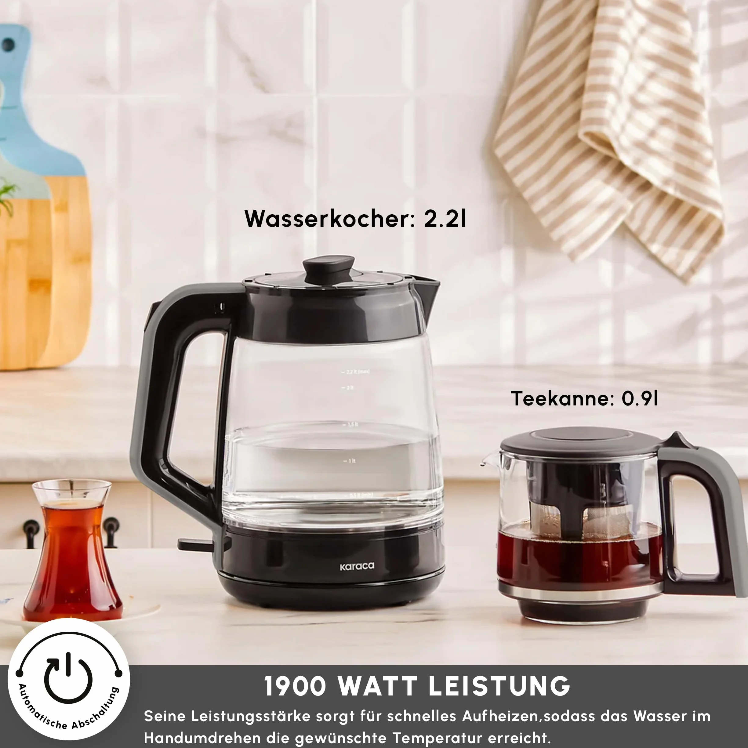 Karaca Turecki ekspres do herbaty XL – 2,2 l regulacja temperatury, czajnik elektryczny i dzbanek do herbaty 0,9 l z sitkiem, powiadomienie LED – 1900 W, wielofunkcyjny zaparzacz do herbaty, Space