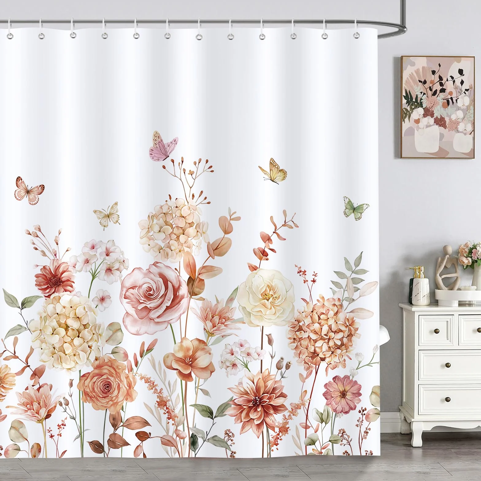 Bonhause Jesienne kwiaty zasłona prysznicowa 180 x 180 cm boho kwiatowy motyl rośliny zasłona łazienkowa wodoodporna odporna na pleśń i pleśń tkanina poliestrowa zasłona łazienkowa z 12 haczykami