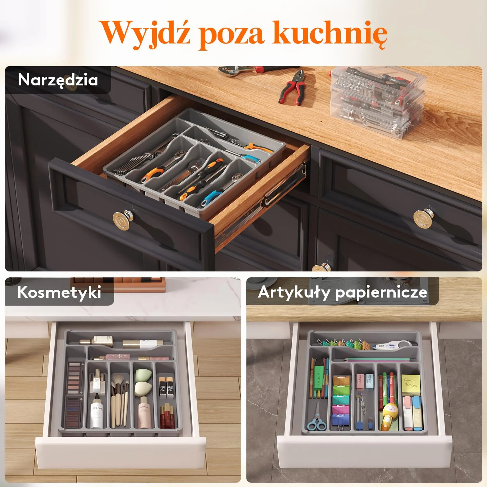 Organizer do szuflady na sztućce Lifewit, Plastikowa taca na sztućce do szuflady kuchennej, Uchwyt, Przegródka na Łyżki, Widelce, Noże, Zastawa stołowa, 7 przegródek, Szary