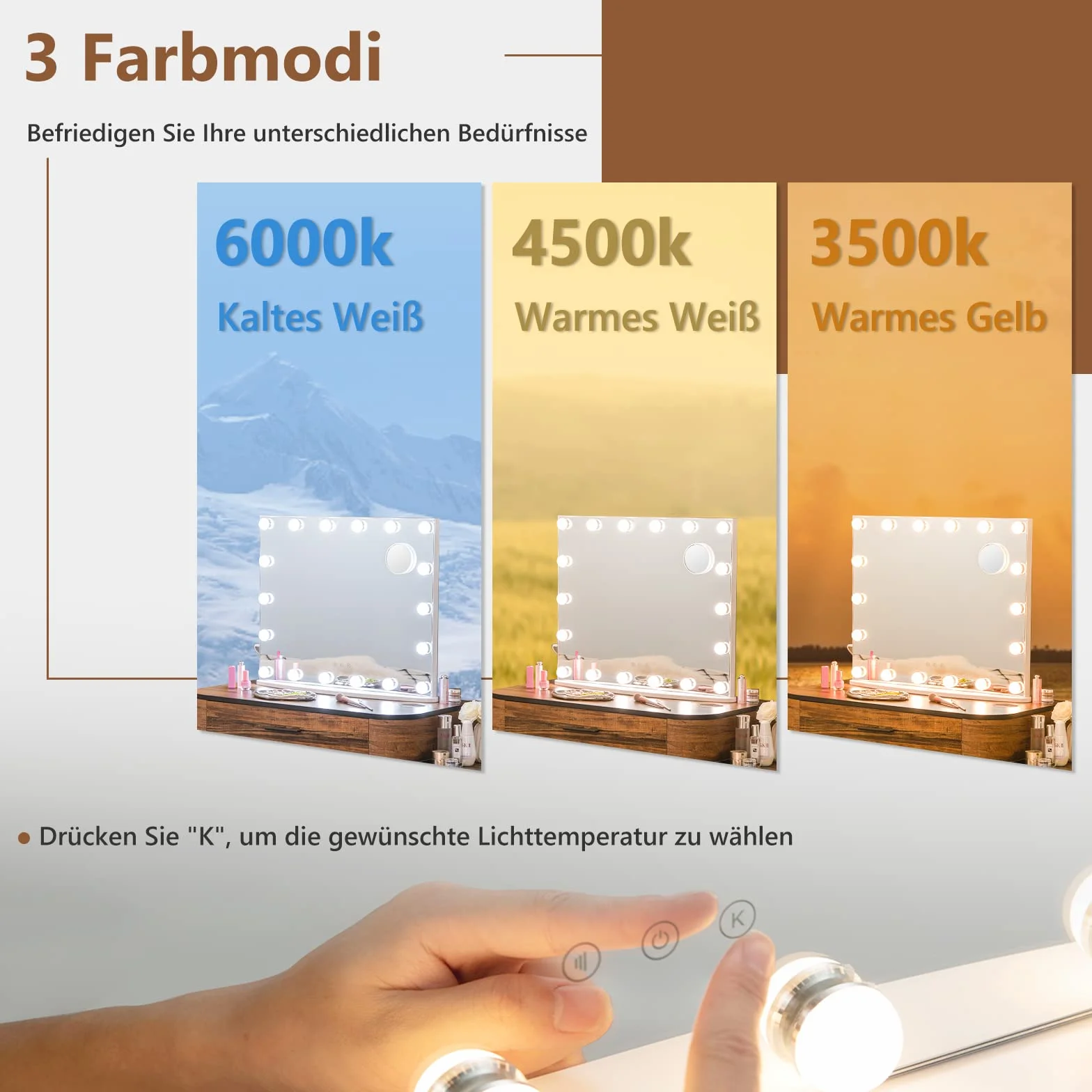 COSTWAY Lusterko do makijażu z oświetleniem 62,5 x 51 cm, 18 diod LED, lustro Hollywood z 3 kolorami światła i 4 jasnościami światła, inteligentny ekran dotykowy, lusterko kosmetyczne, 3-krotne