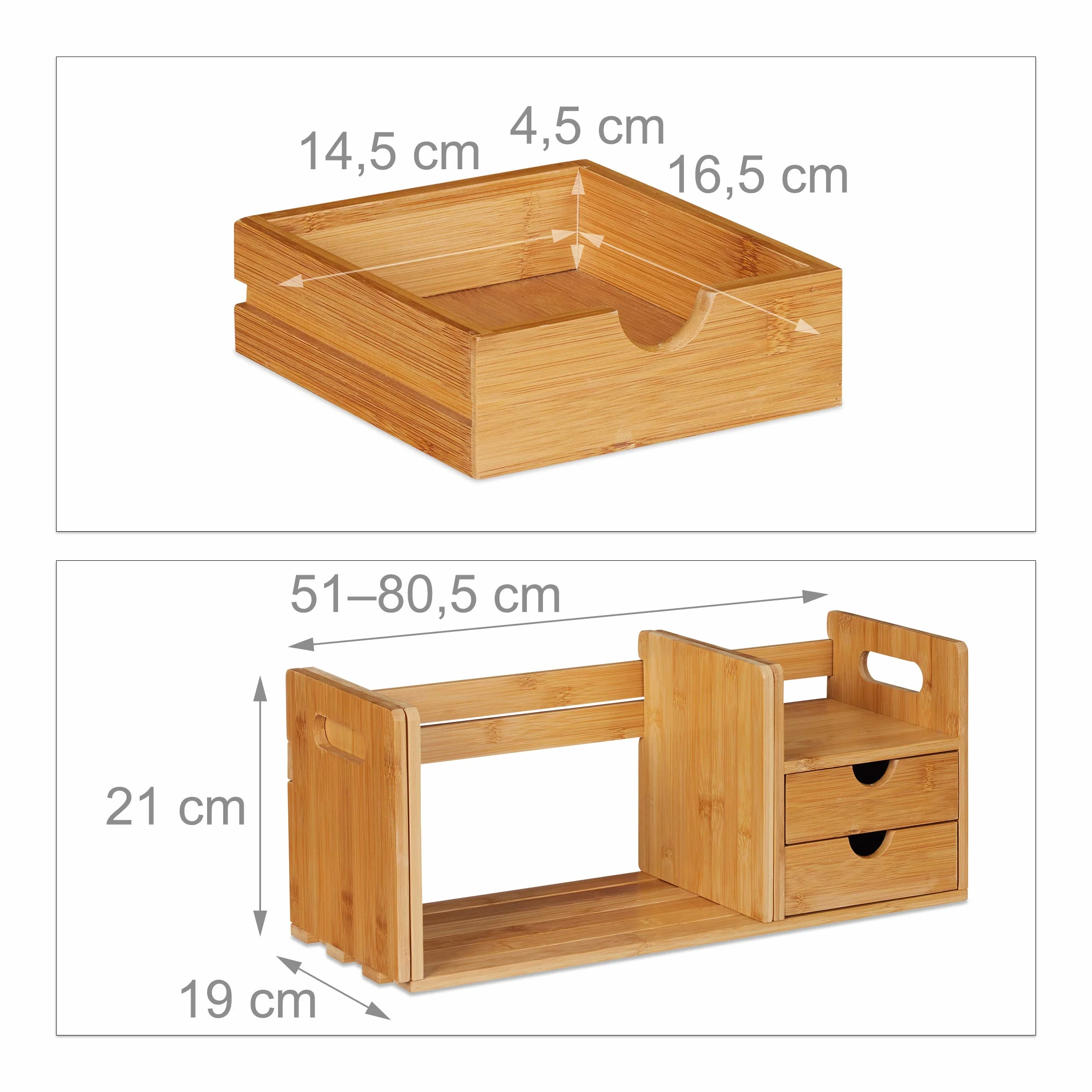 Relaxdays Organizer na biurko bambusowy 2 szuflady wysuwany regał na książki 21x80,5x19 cm naturalny