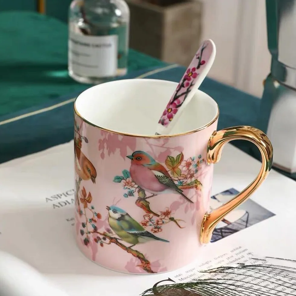 YBK Tech Porcelanowa Filiżanka do Herbaty z Porcelany Kostnej, 350 ml Kubek do Kawy - Wzór Ptaków (Różowy)