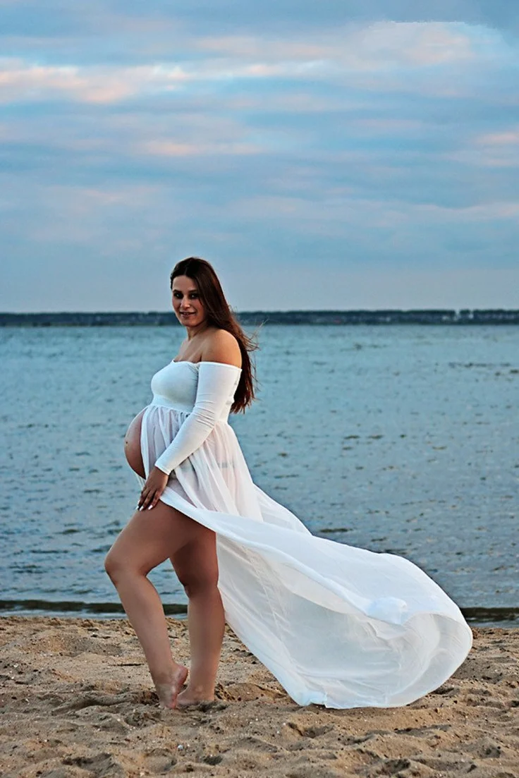 Suknia ciążowa bez ramiączek, seksowna sukienka fotograficzna dla kobiet w ciąży rekwizyty do fotografii z odsłoniętymi ramionami dla kobiet w ciąży sesja zdjęciowa, Biały2, L