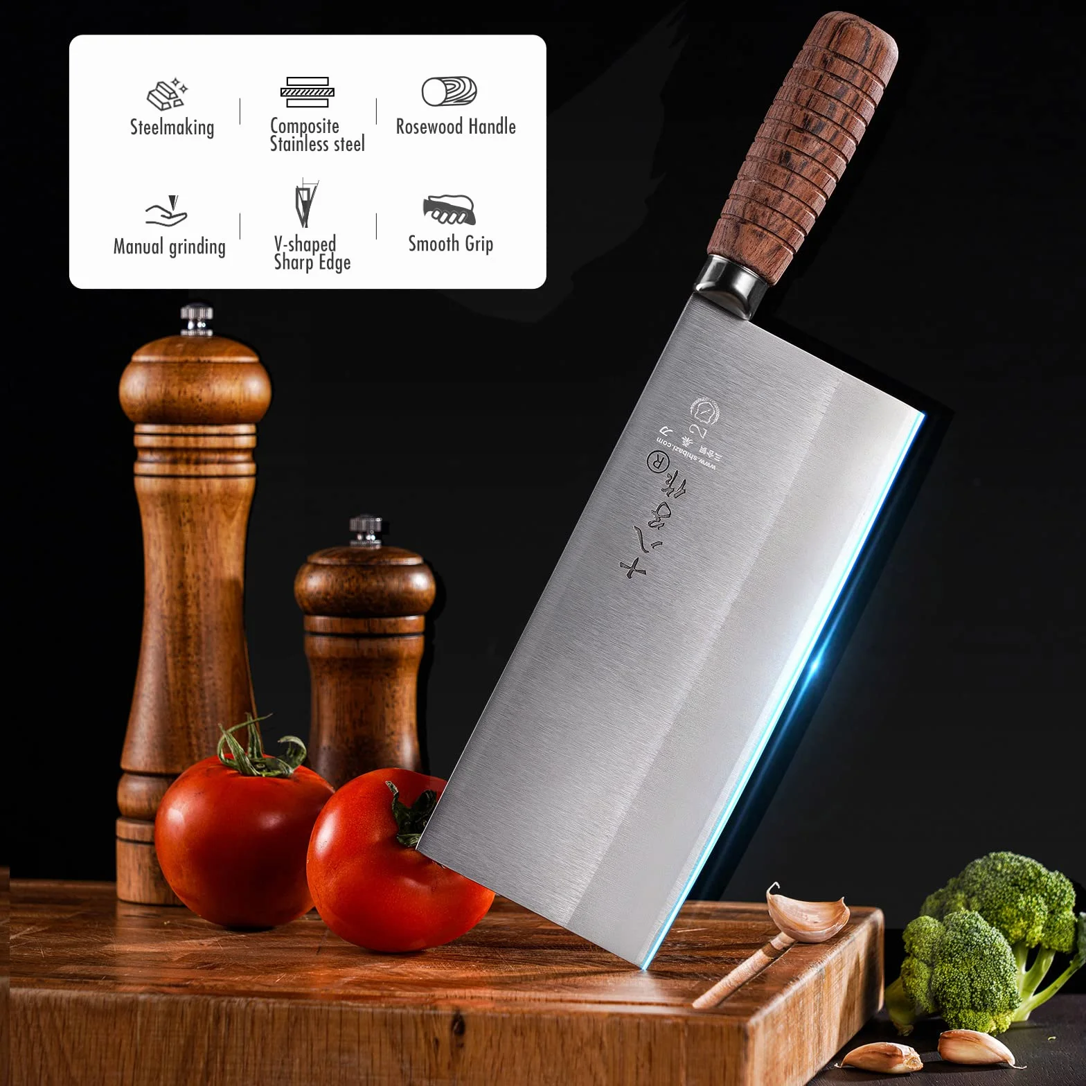 SHI BA ZI ZUO 8-inch Kitchen Knife Chef Knife Stainless Steel Vegetable Knife Non-stick Blade with Wooden Handle
