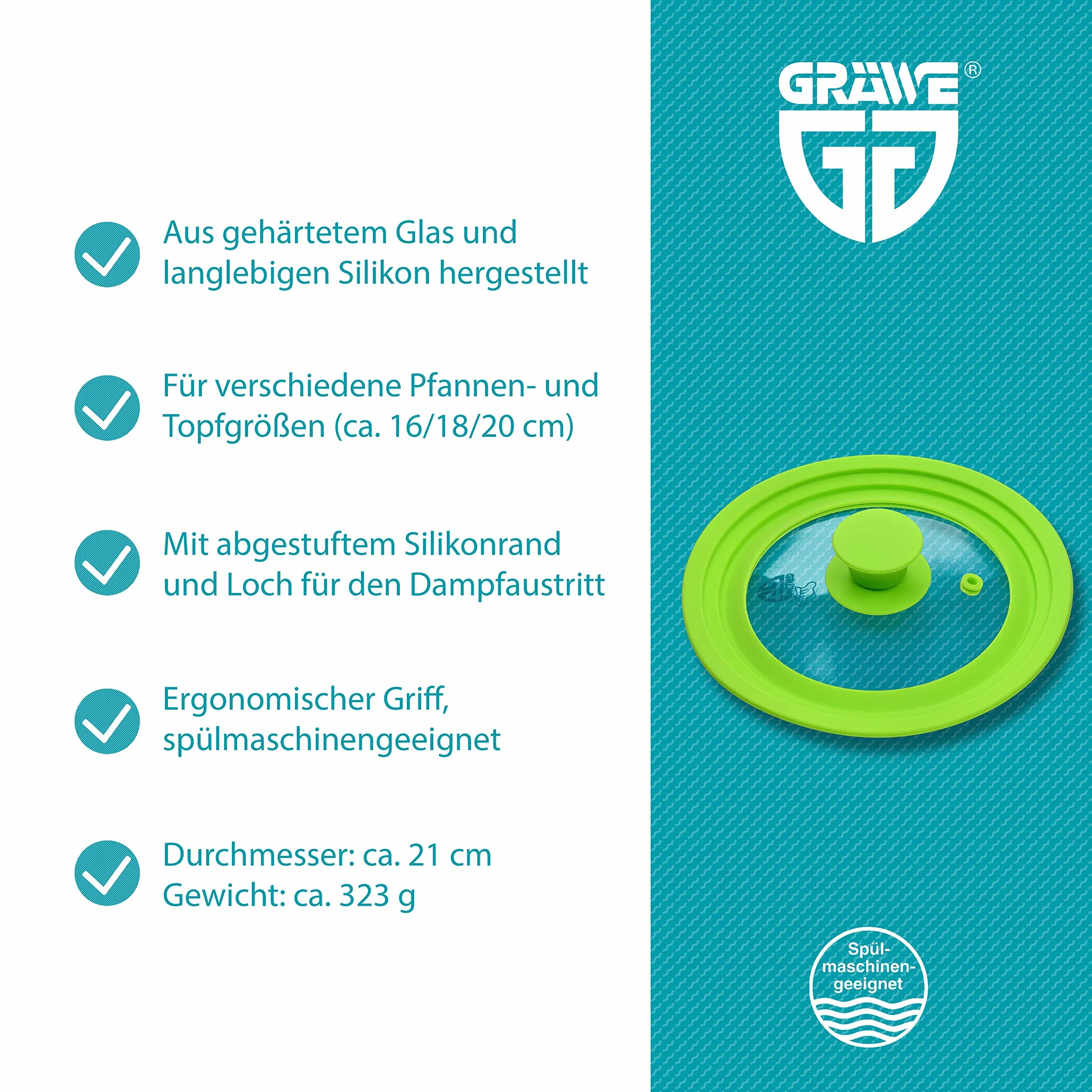 GRÄWE Uniwersalna szklana pokrywka zielona 16-20 cm, do garnków i patelni, szkło hartowane, uchwyt silikonowy, z wylotem pary