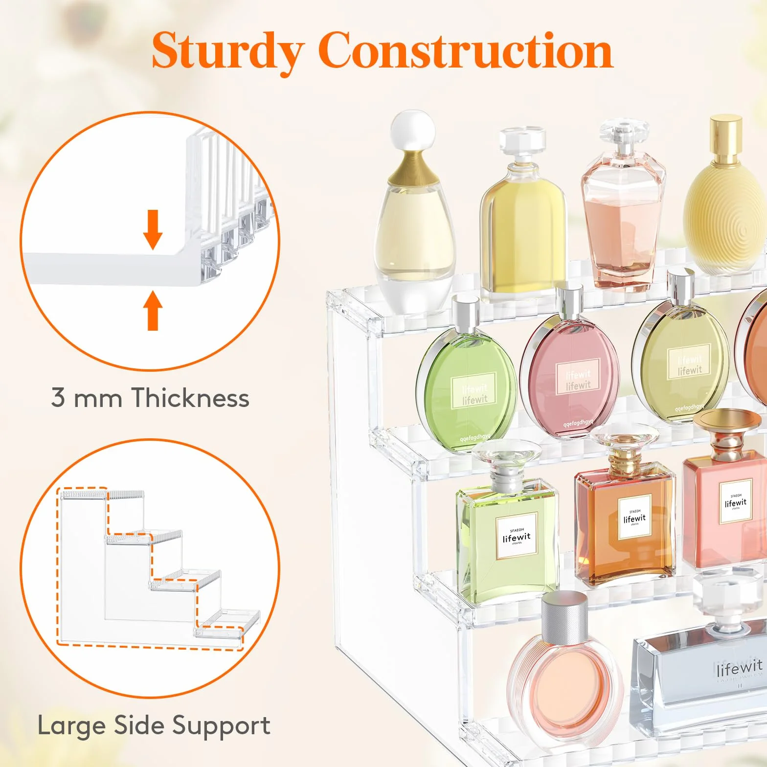 Lifewit 4-Poziomowy Przezroczysty Stojak z Ozdobnymi Płotkami, Plastikowy Organizer na Perfumy, 30,48 cm