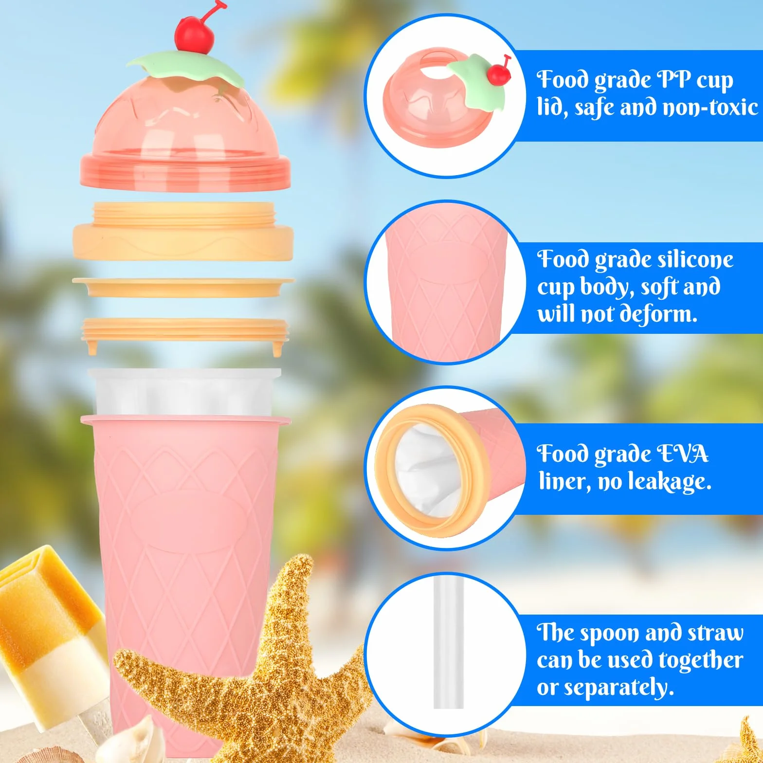 Silikonowy kubek do slushy typu zrób to sam ze słomką i łyżeczką 2 w 1, różowy