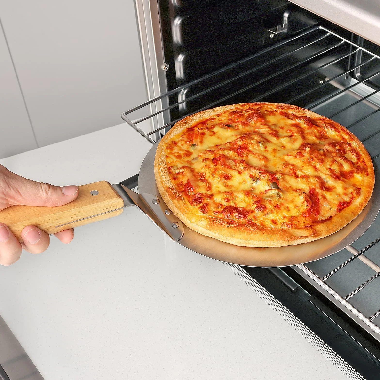 Asdirne Łopata do Pizzy 10 cali, okrągła paleta ze stali nierdzewnej z drewnianym uchwytem