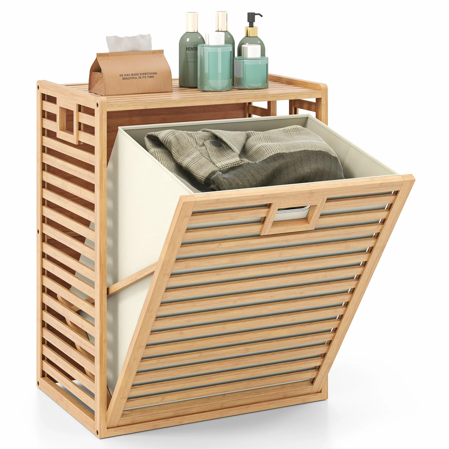 COSTWAY Regał łazienkowy z koszem na pranie 68 l bambusowy naturalny 50x35x64