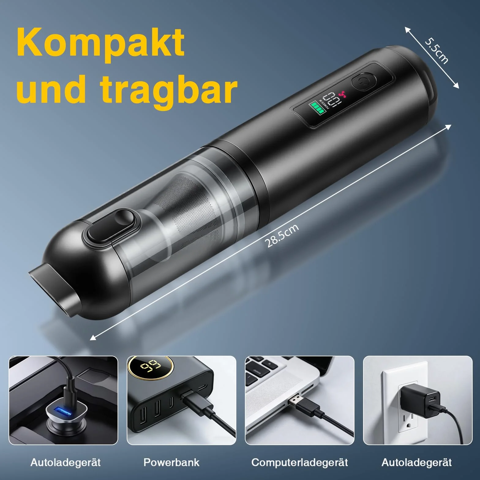 ERWEY Odkurzacz ręczny, 4 w 1, akumulator, 16000 Pa, mocny, 3-biegowy mini odkurzacz do samochodu, domu, sierści zwierząt, czarny