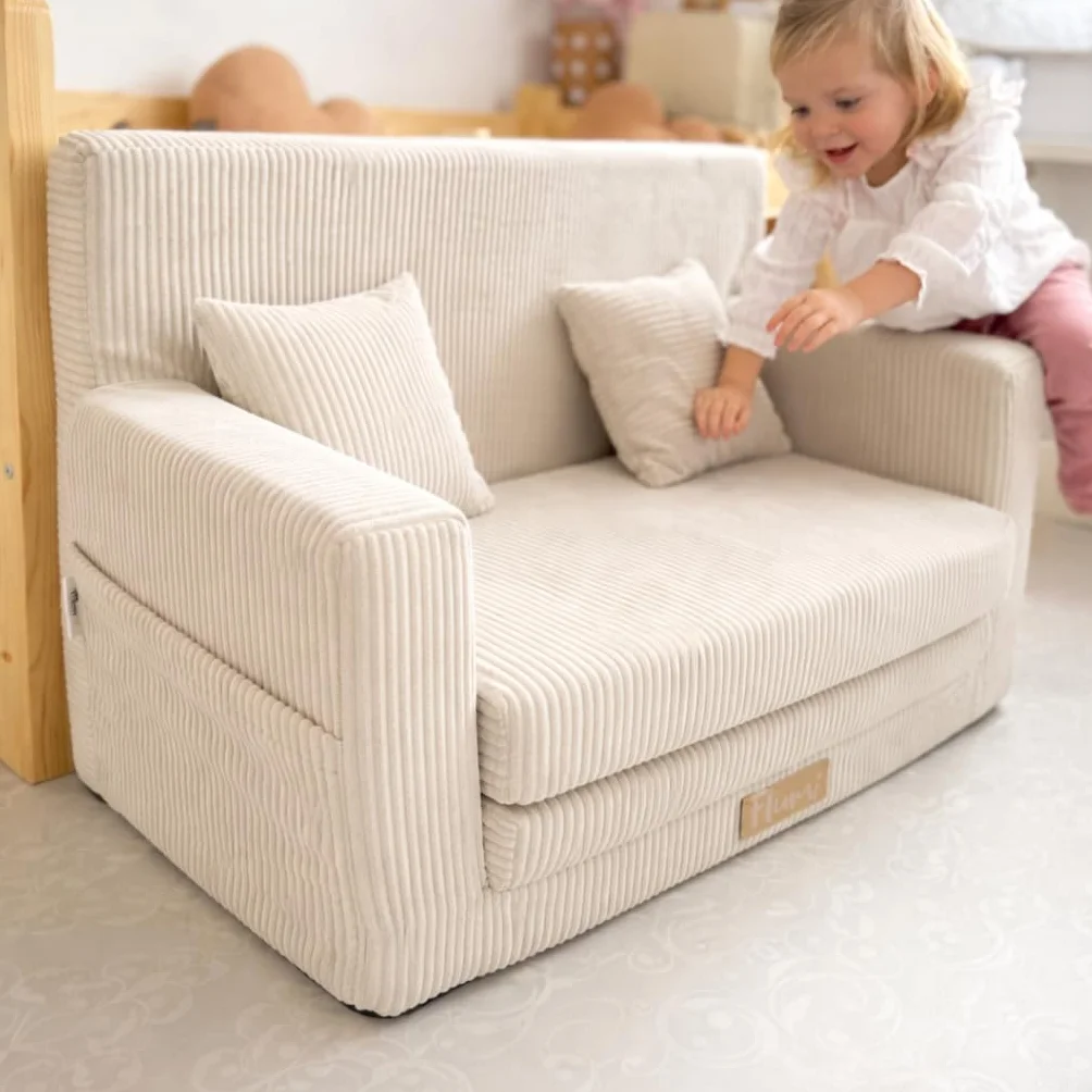 Flumi Sofa dziecięca piankowa Kanapa rozkładana dla dzieci sztruks beżowy