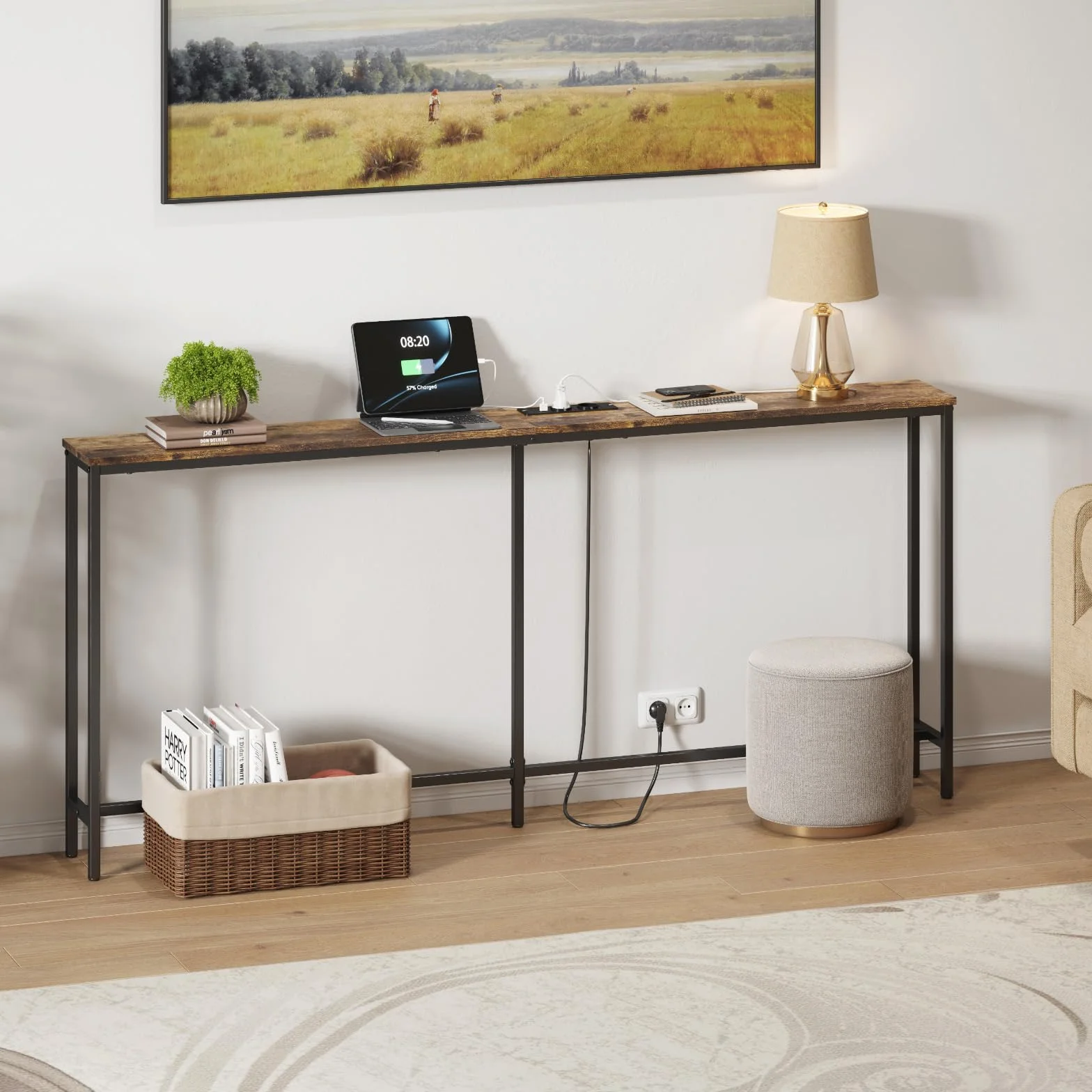 Lifewit 70.9" Wąski, długi stolik konsolowy z 2 gniazdami zasilania i portami USB do salonu, przemysłowy stolik do przedpokoju, korytarz biurowy za sofą, łatwy montaż, rustykalny brąz