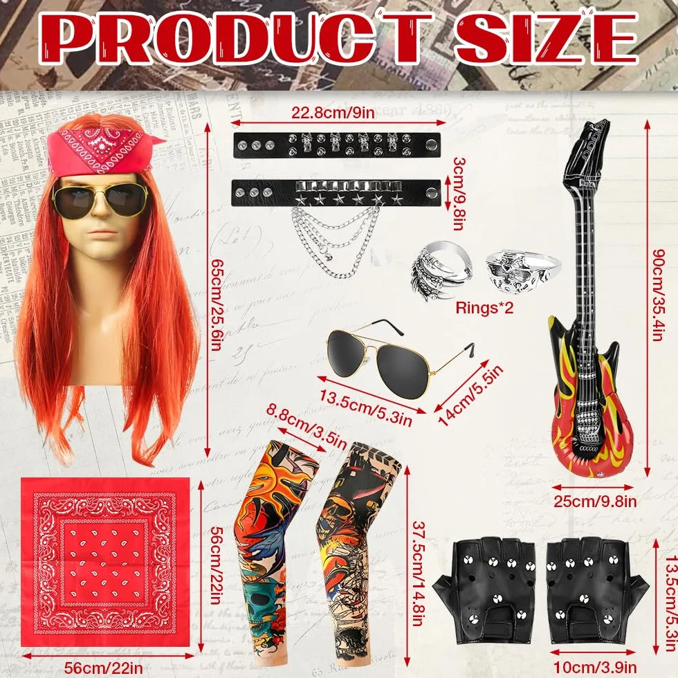 Męski kostium Rocker Star z lat 70-80-tych, ADDLIVE 9 sztuk punk rock dla mężczyzn z zabawnymi perukami, rękawy z tatuażami, bransoletka z ćwiekami, chustka na gitarę rękawiczki okulary