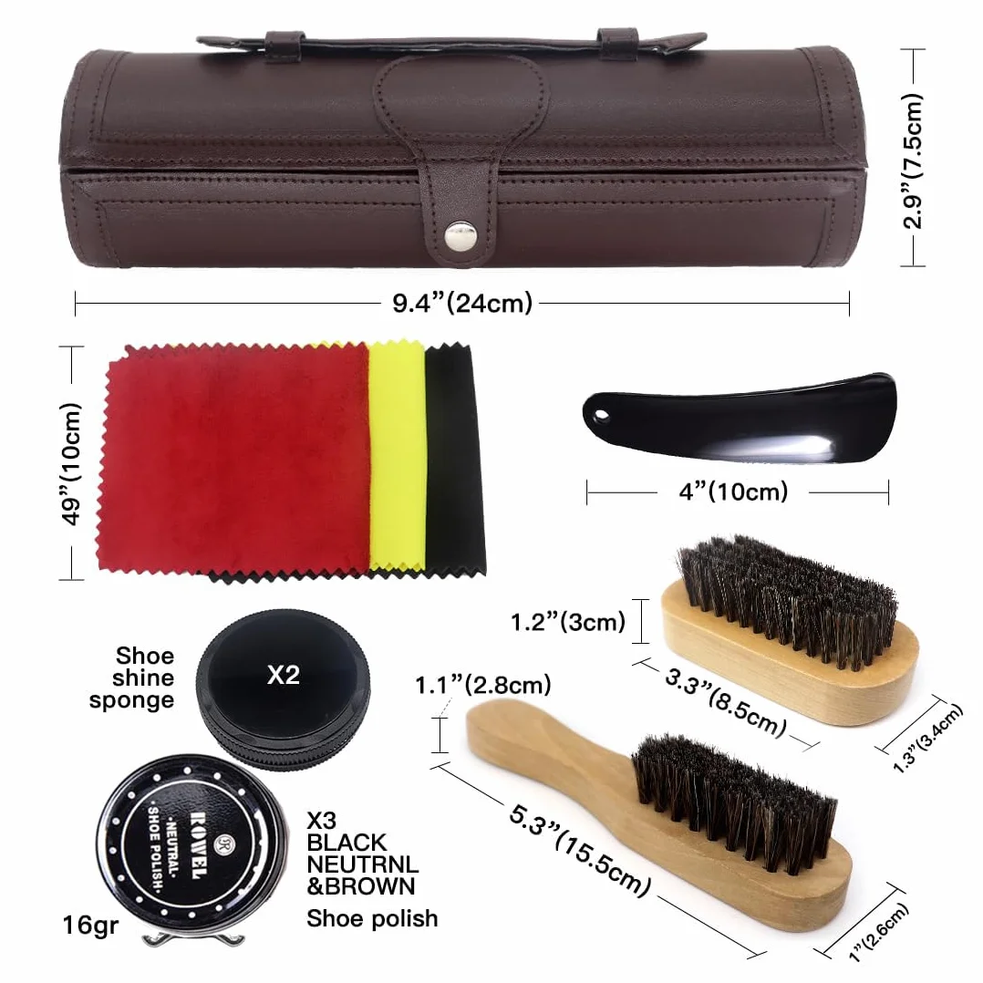 DAWRIS Zestaw do czyszczenia butów z gładkim i eleganckim etui z poliuretanu, zestaw do pielęgnacji skórzanych butów, zestaw podróżny ze szczotką, składający się z 12 zestawów do czyszczenia butów, ze