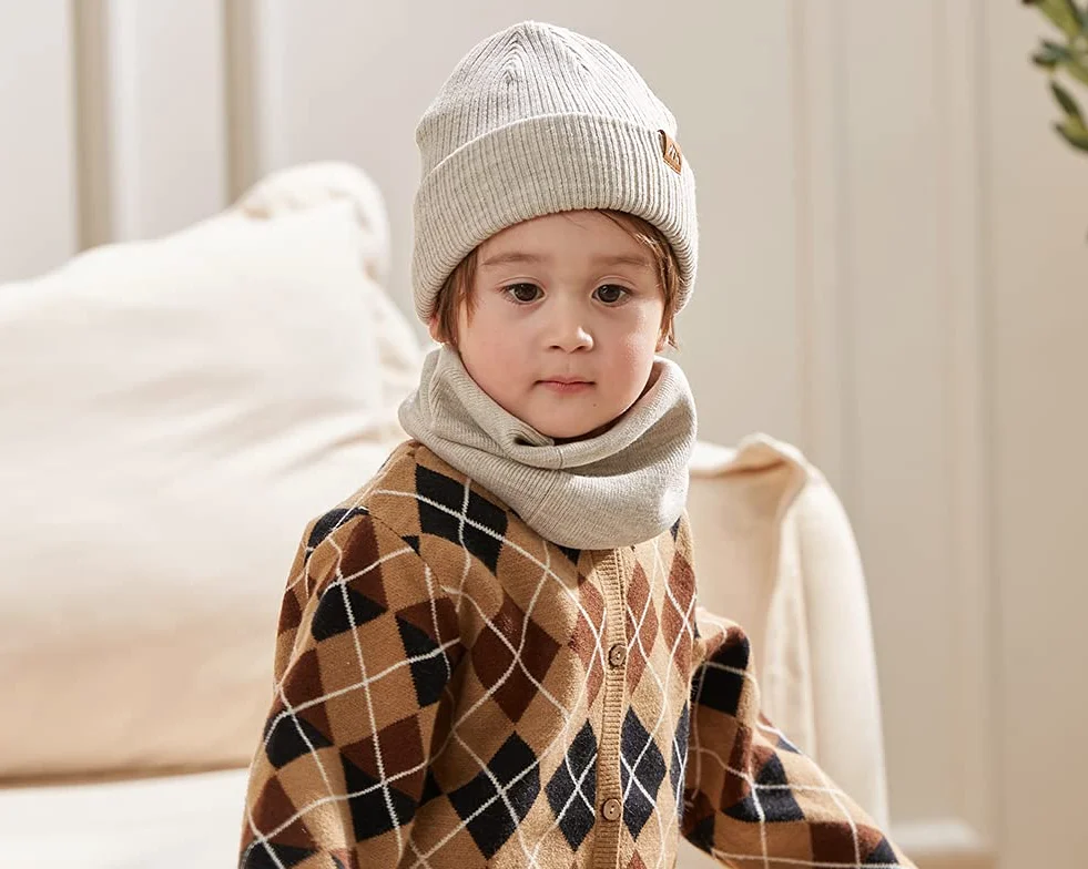 Dziecięca czapka zimowa typu beanie dla chłopców, z dzianiny, ciepła czapka i szalik dla dzieci, beżowy, M