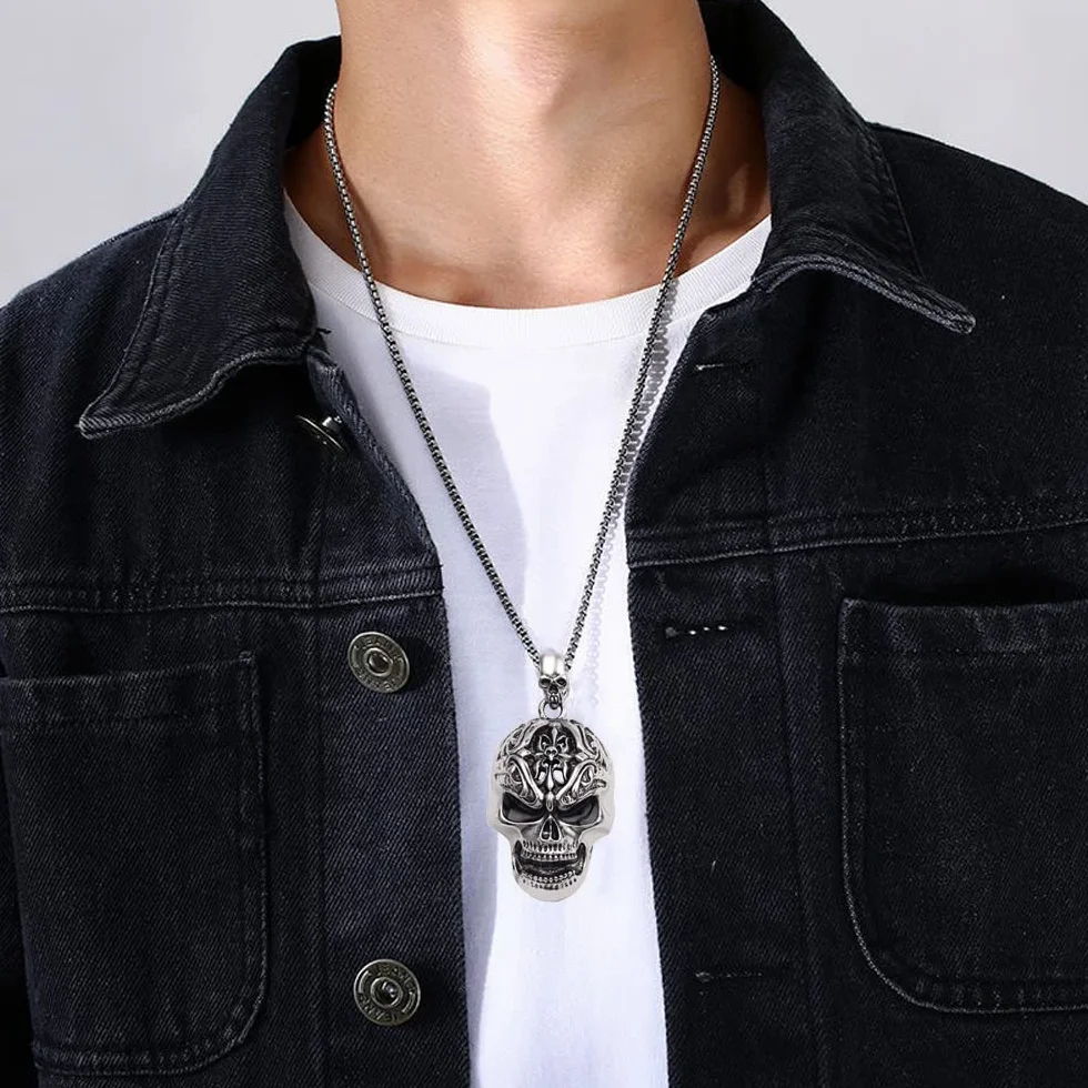 JKJF Naszyjnik z wisiorkiem w kształcie czaszki fajny naszyjnik ze stali nierdzewnej gotycki punk rock hip hop naszyjnik dla mężczyzn - srebrny, stal nierdzewna, Stal nierdzewna