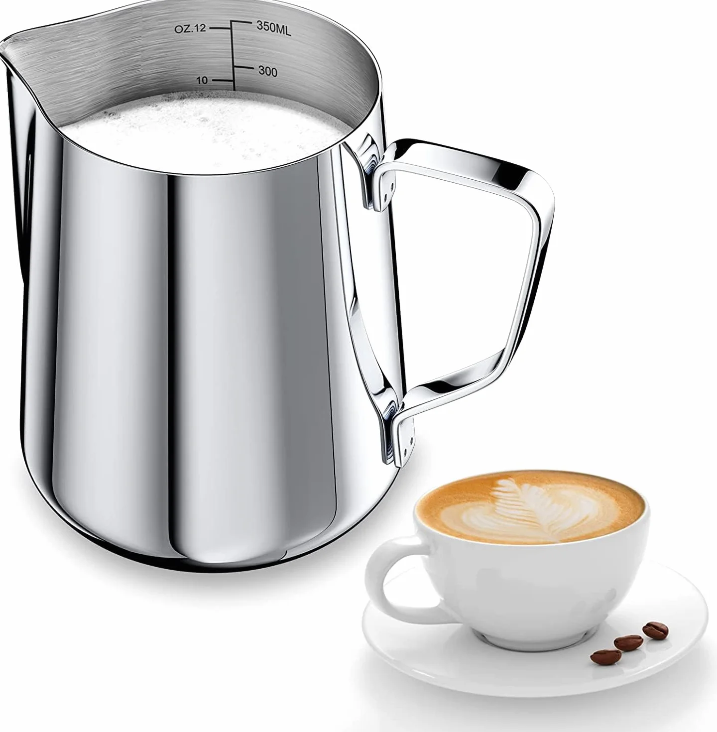 Dzbanek na mleko, 350 ml, ręczny spieniacz ze stali nierdzewnej, spieniacz do kawy, kubek ze znakiem pomiarowym, dzbanek na mleko pasuje do Barista Cappuccino Espresso
