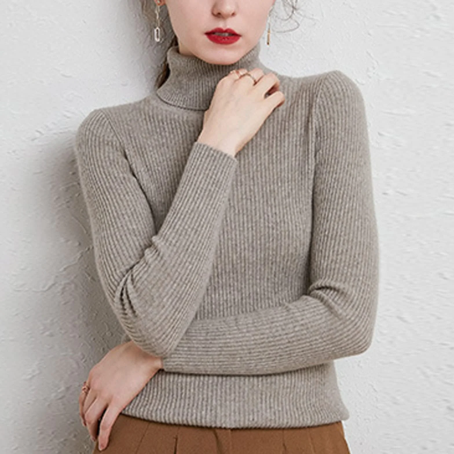 EMDPBD Sweter damski golf, dzianinowy sweter z długim rękawem ciepły sweter na co dzień ciepły dzianinowy sweter topy, wielbłądzi szary-XL