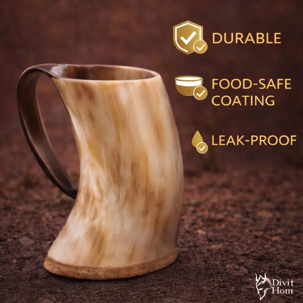 Prawdziwe Kubki Wikingów z Rogu DIVIT| Autentyczny Średniowieczny Kufel do Piwa z Rogu | Pojemność 700 ml Kubek/Kufel z Rogu.(Original, Polished)