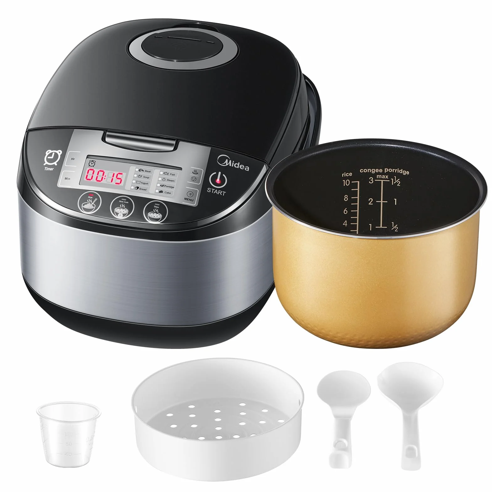 Midea Szybkowar do ryżu, wielofunkcyjny garnek z 11 programami, Rice Cooker 1,8 l do 10 osób, wolnowar z parowarem, wewnętrzny garnek premium, funkcja utrzymania ciepła, timer, technologia 6-fazowa