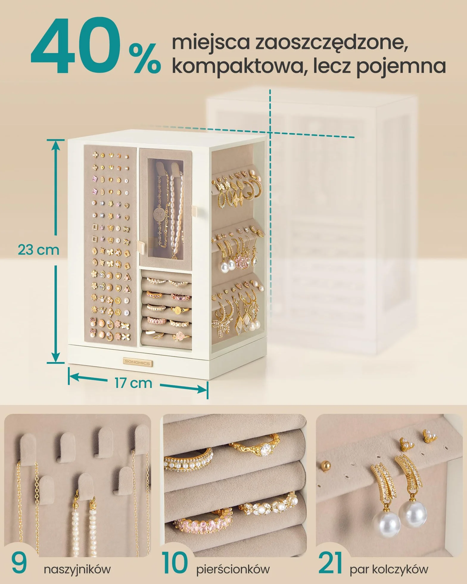 SONGMICS Pudełko na biżuterię, obrotowe 360°, pudełko do przechowywania biżuterii z 4 szufladami, na naszyjniki, bransoletki, pierścionki, kolczyki, pomysł na prezent, kremowo-białe JBC211WD01