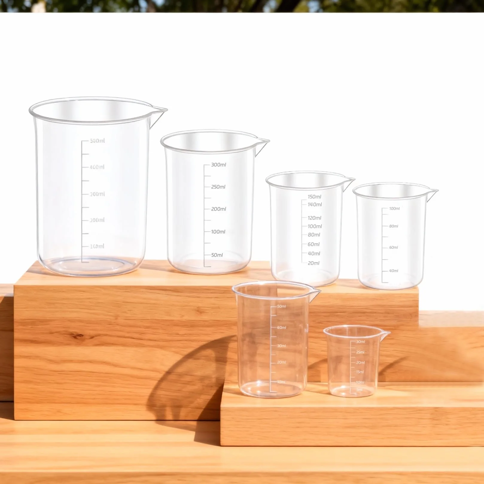 Zestaw 7 kubków z miarką, ML 30 ml, 50 ml, 100 ml, 150 ml, 250 ml, 500 ml, miarka, precyzyjna, odporna na wysokie temperatury, tworzywo sztuczne, mała miarka ze skalą do laboratorium