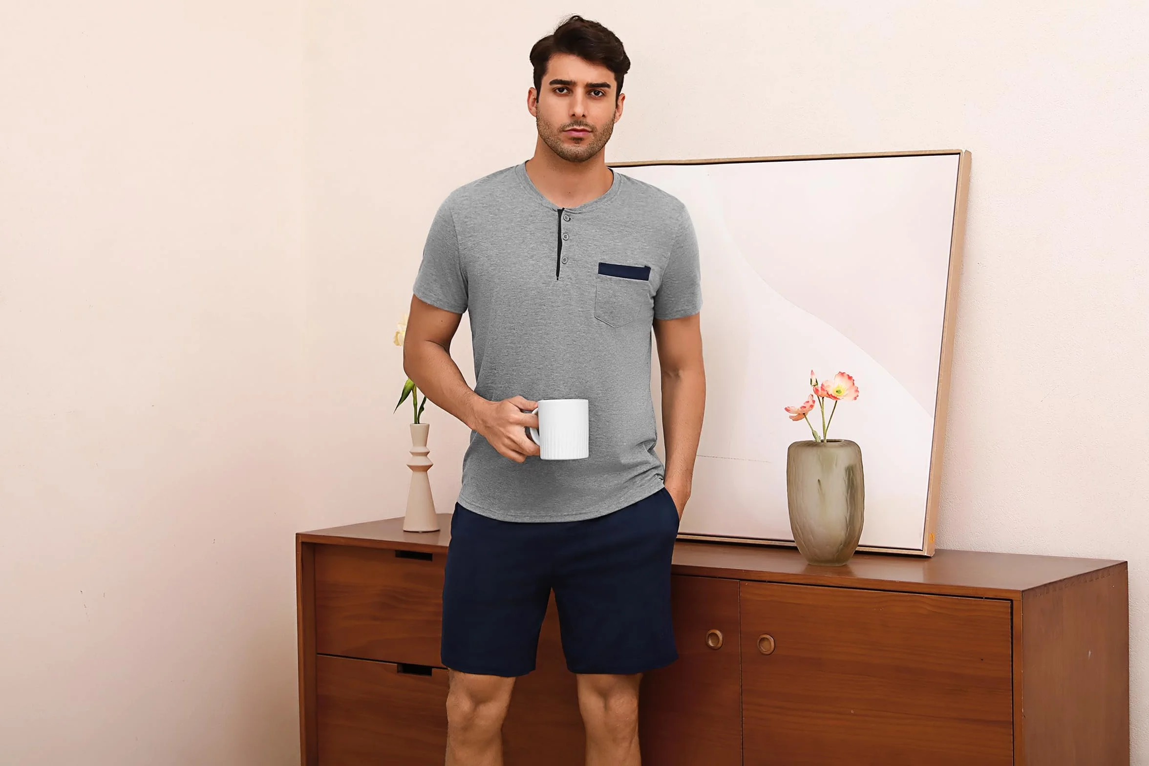 Aseniza Męska piżama krótka piżama bawełniana listwa guzikowa letnia krótka piżama z T-shirtem i szortami dla mężczyzn