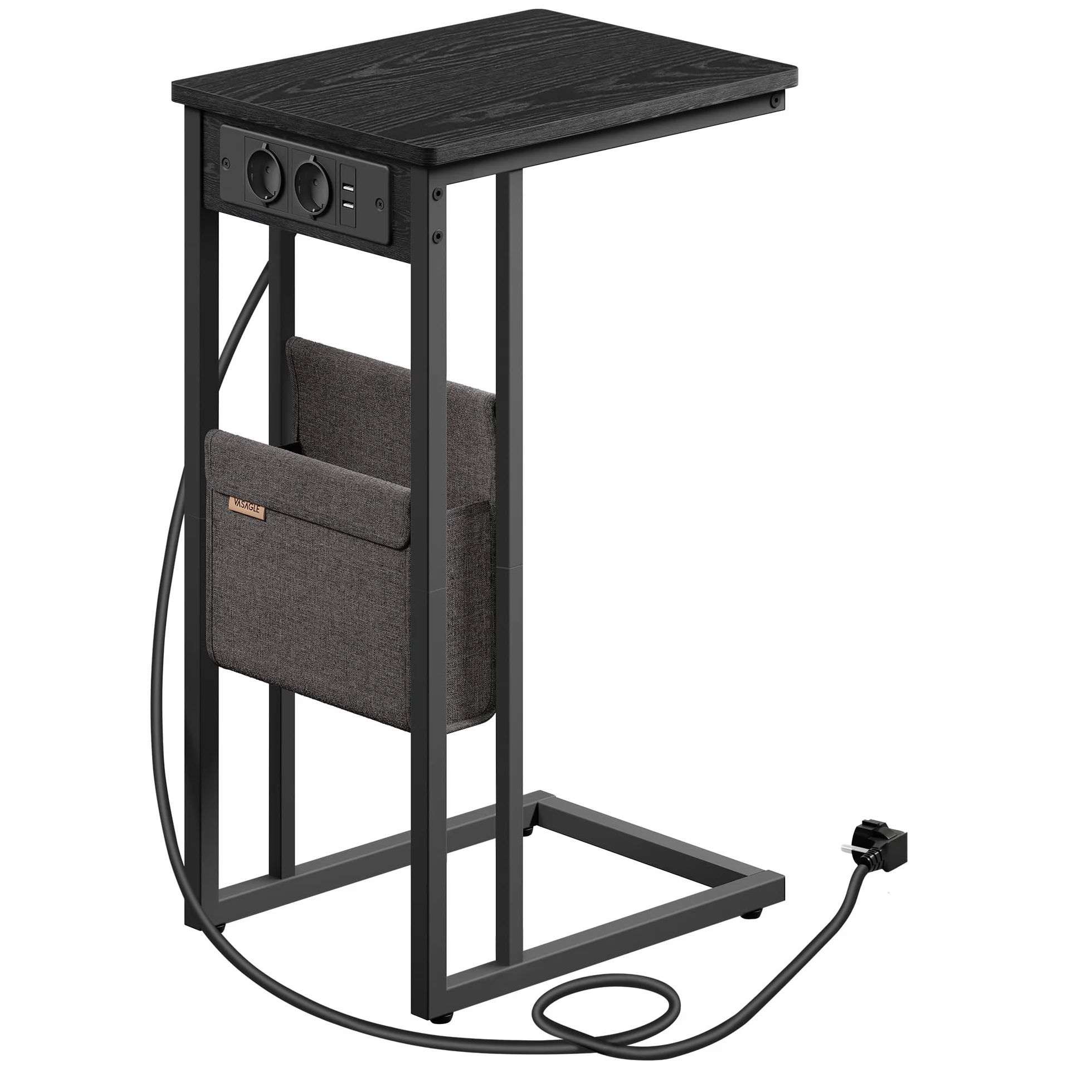 VASAGLE Stolik boczny, stolik nocny z gniazdkami, kształt C, stolik kawowy do małych przestrzeni, 2 porty USB, 2 gniazda AC, torba do przechowywania, regulowane nogi, heban LET356B02V1