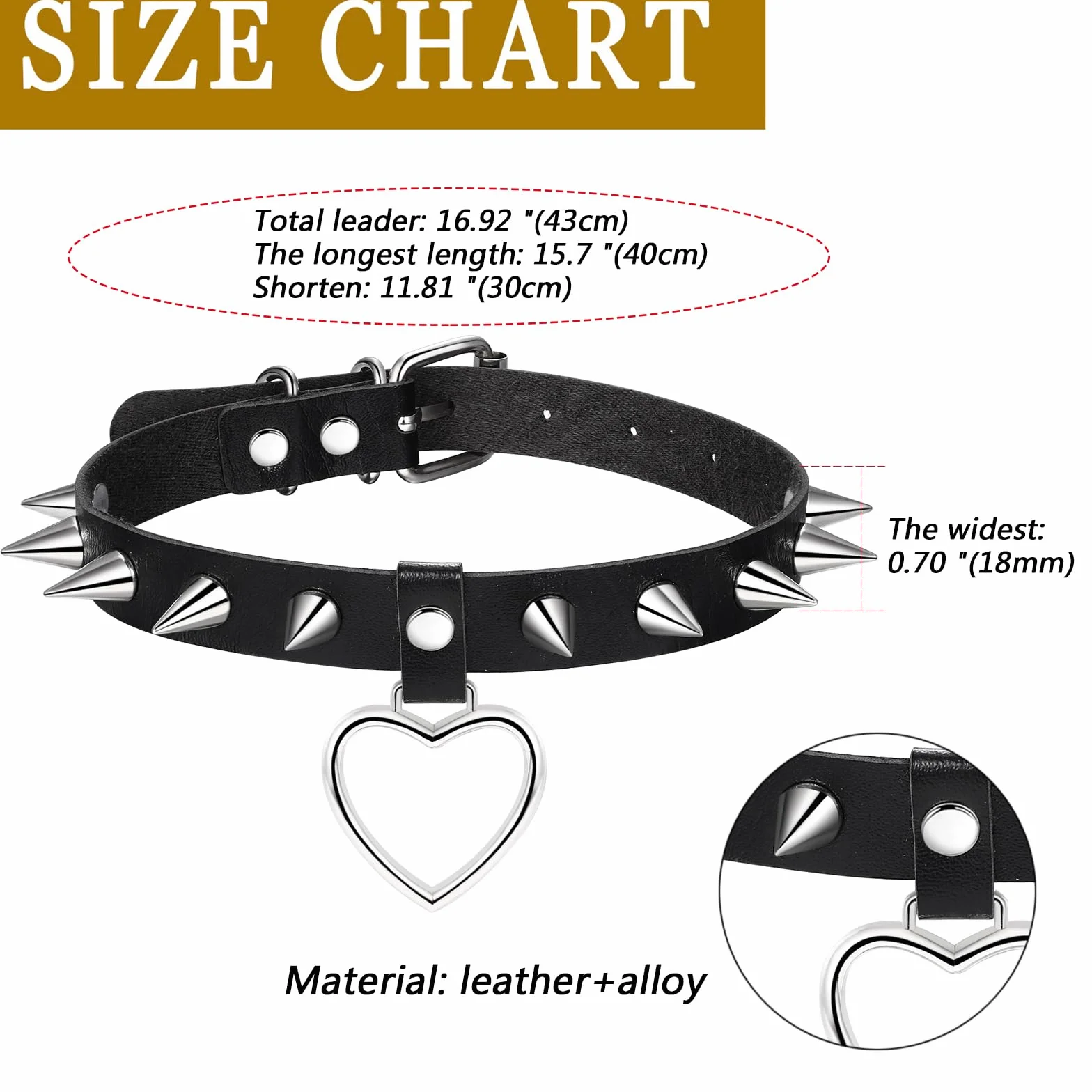 Flongo Gotycki Punk Choker Naszyjniki ze Skóry PU dla Kobiet i Mężczyzn - Czarny Kołnierz Choker z Sercem, Nitami i Kolcami w Stylu Rock na Halloween, Cosplay i Imprezy Kostiumowe
