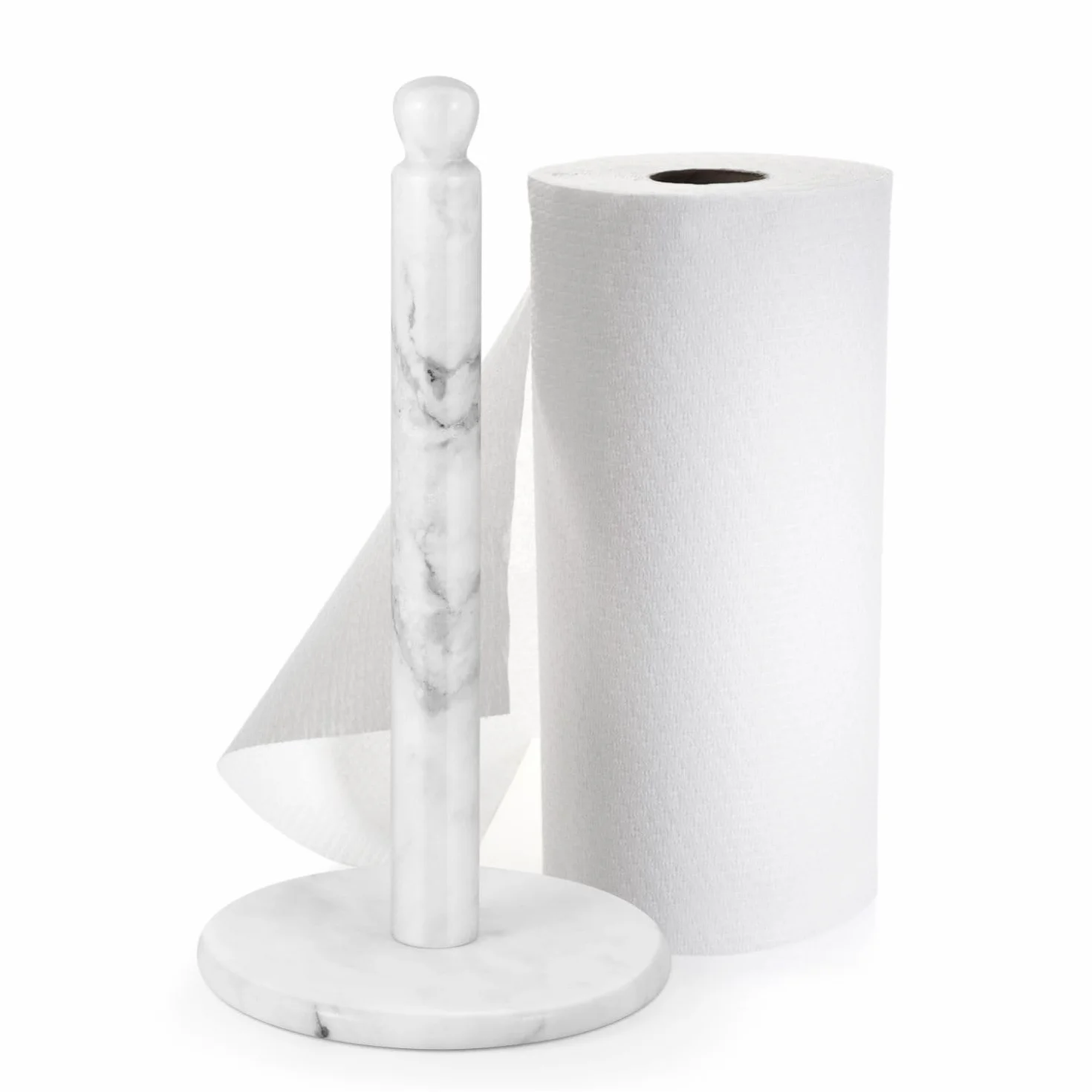 Flexzion Marmurowy uchwyt na ręczniki papierowe, biały, 30 cm, stojak na ręczniki papierowe z obciążoną marmurową podstawą do standardowych i dużych rozmiarów rolek papieru