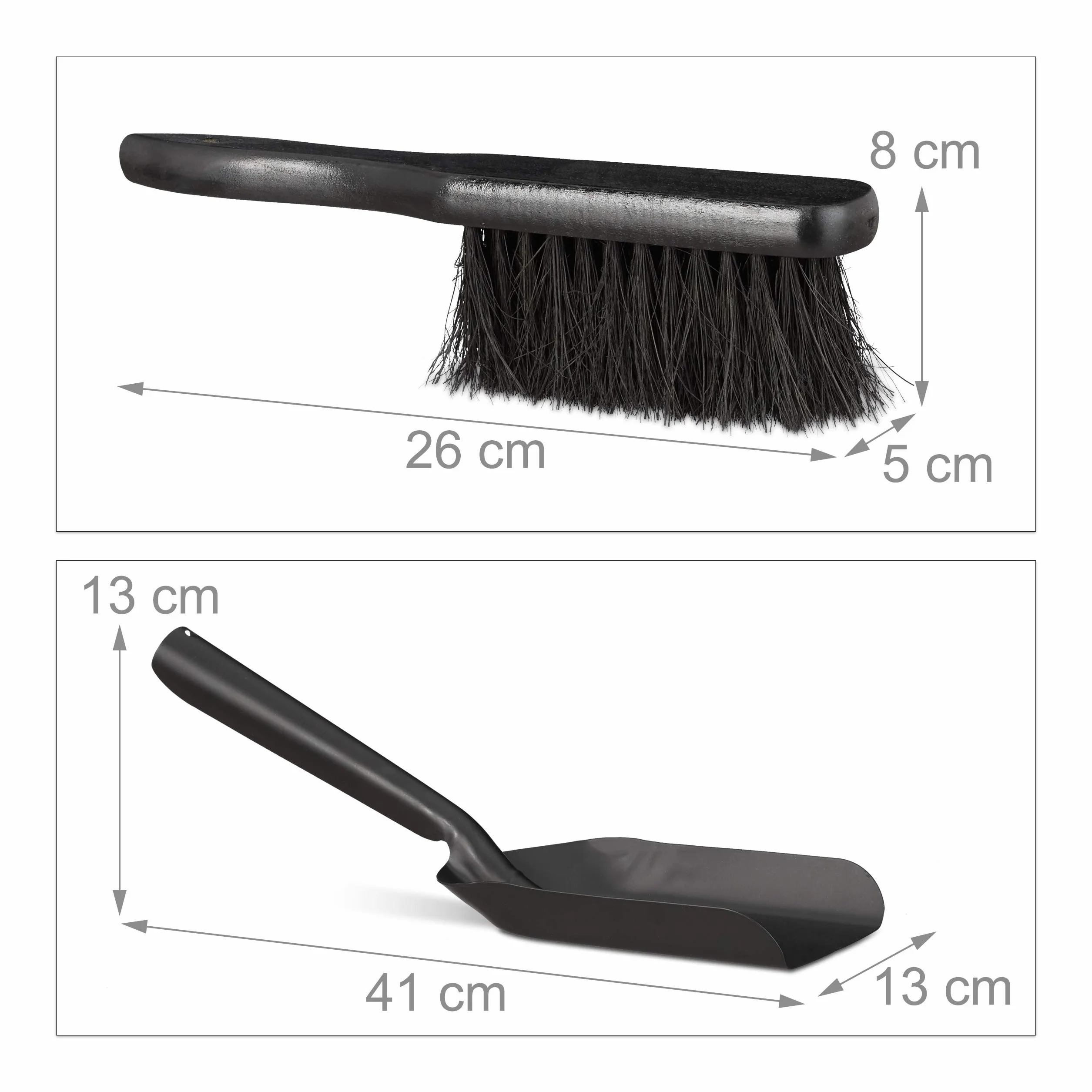 Zestaw do zamiatania Relaxdays mały, 41 cm, trwała stal, zestaw ze szczotką ręczną i szufelką do komina, szufelka do węgla, czarna