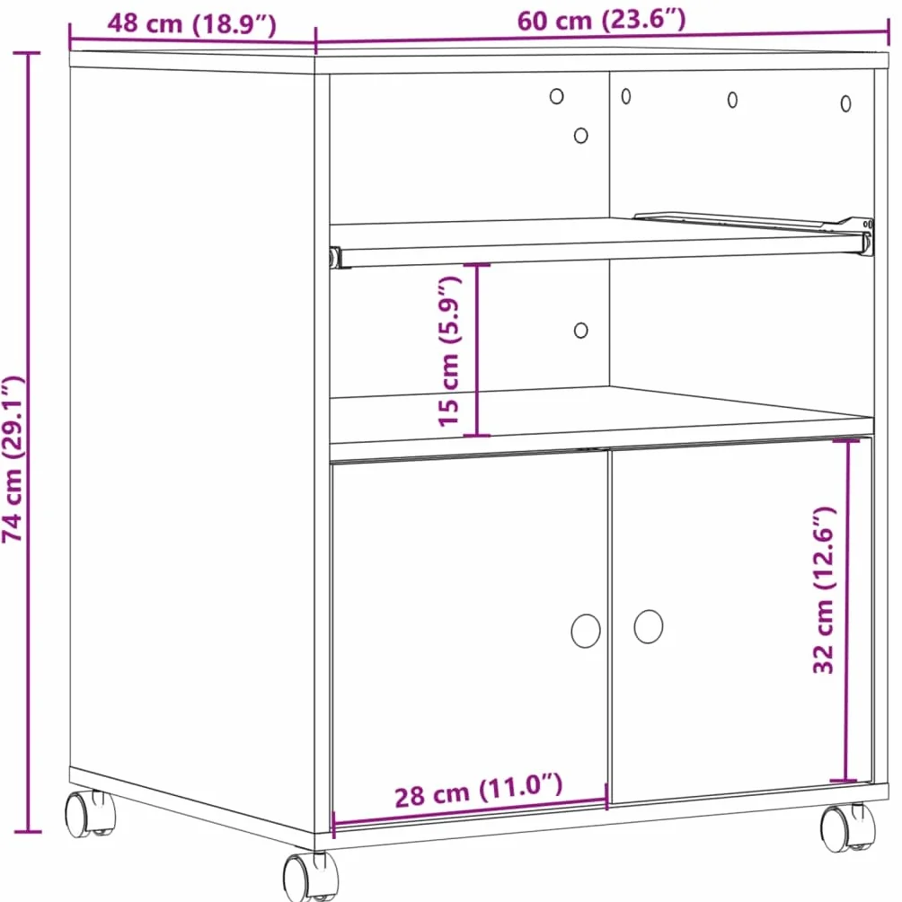 vidaXL Szafka pod drukarkę z kółkami 60x48x74 cm przydymiony dąb