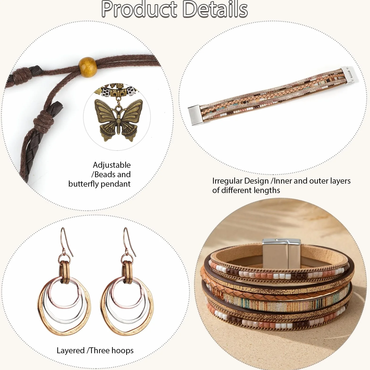 Czeska biżuteria: skórzane bransoletki, Vintage naszyjnik motyl, boho kolczyki koła, M