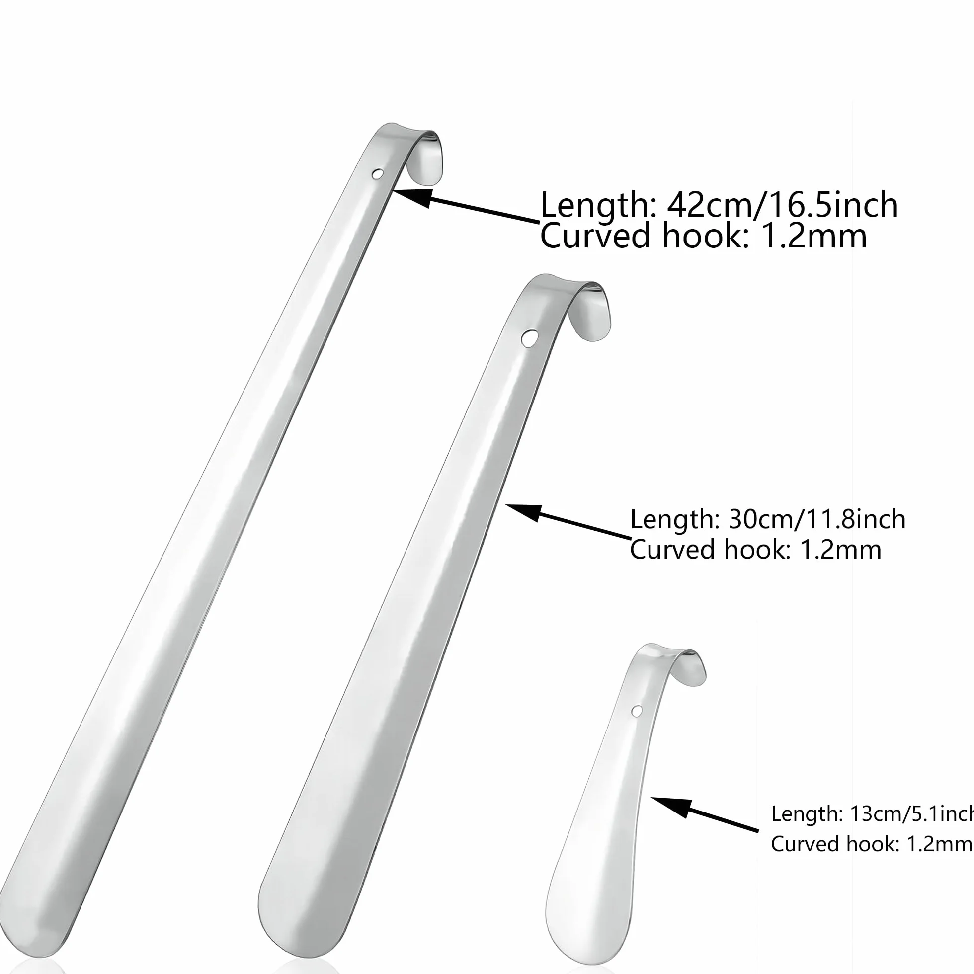laeeyin Łyżka do butów, metalowa, długa, 42 cm, z metalowym otworem do zawieszenia, ergonomiczny kształt, dla mężczyzn, kobiet, dzieci, seniorów, srebrna