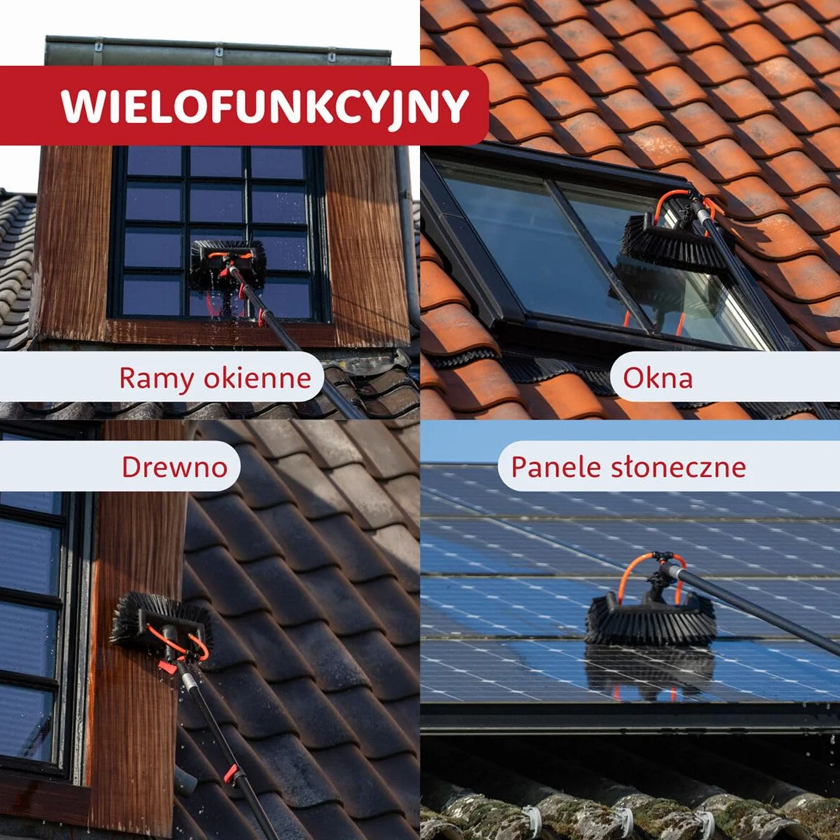 Aquascopic Aluminiowy drążek teleskopowy 7,2 m All-in-One ze szczotką do paneli słonecznych, 5-powierzchniową szczotką, szczotką do szorowania i myjką Combi – profesjonalny czyściciel